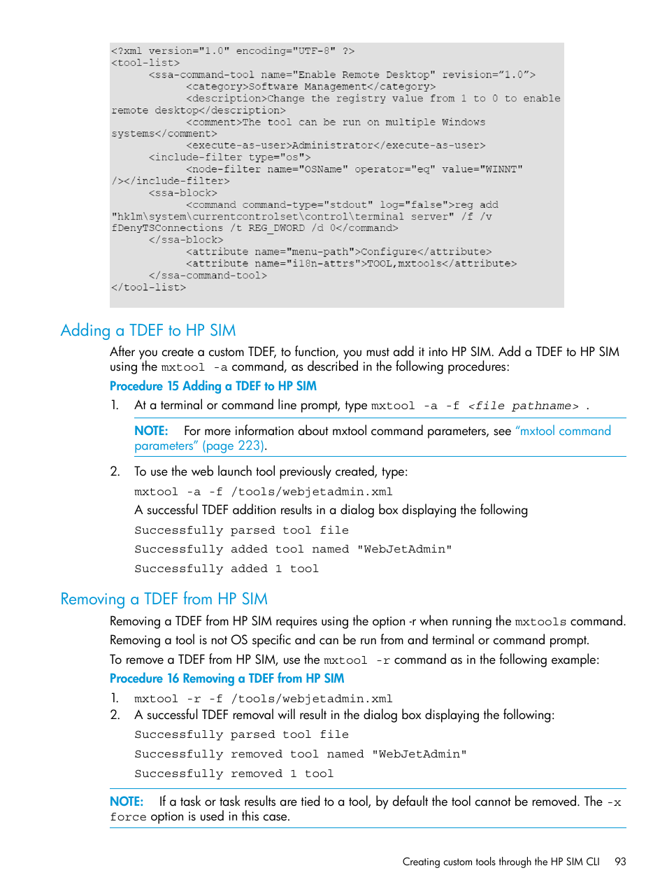 Adding a tdef to hp sim, Removing a tdef from hp sim, Adding a | HP Systems Insight Manager User Manual | Page 93 / 256
