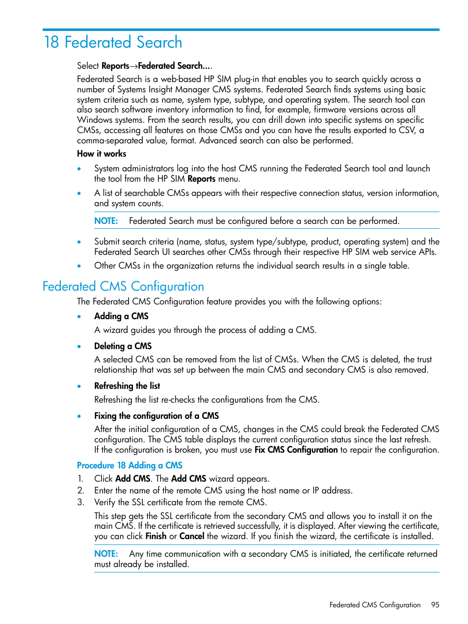 18 federated search, Federated cms configuration | HP Systems Insight Manager User Manual | Page 95 / 256