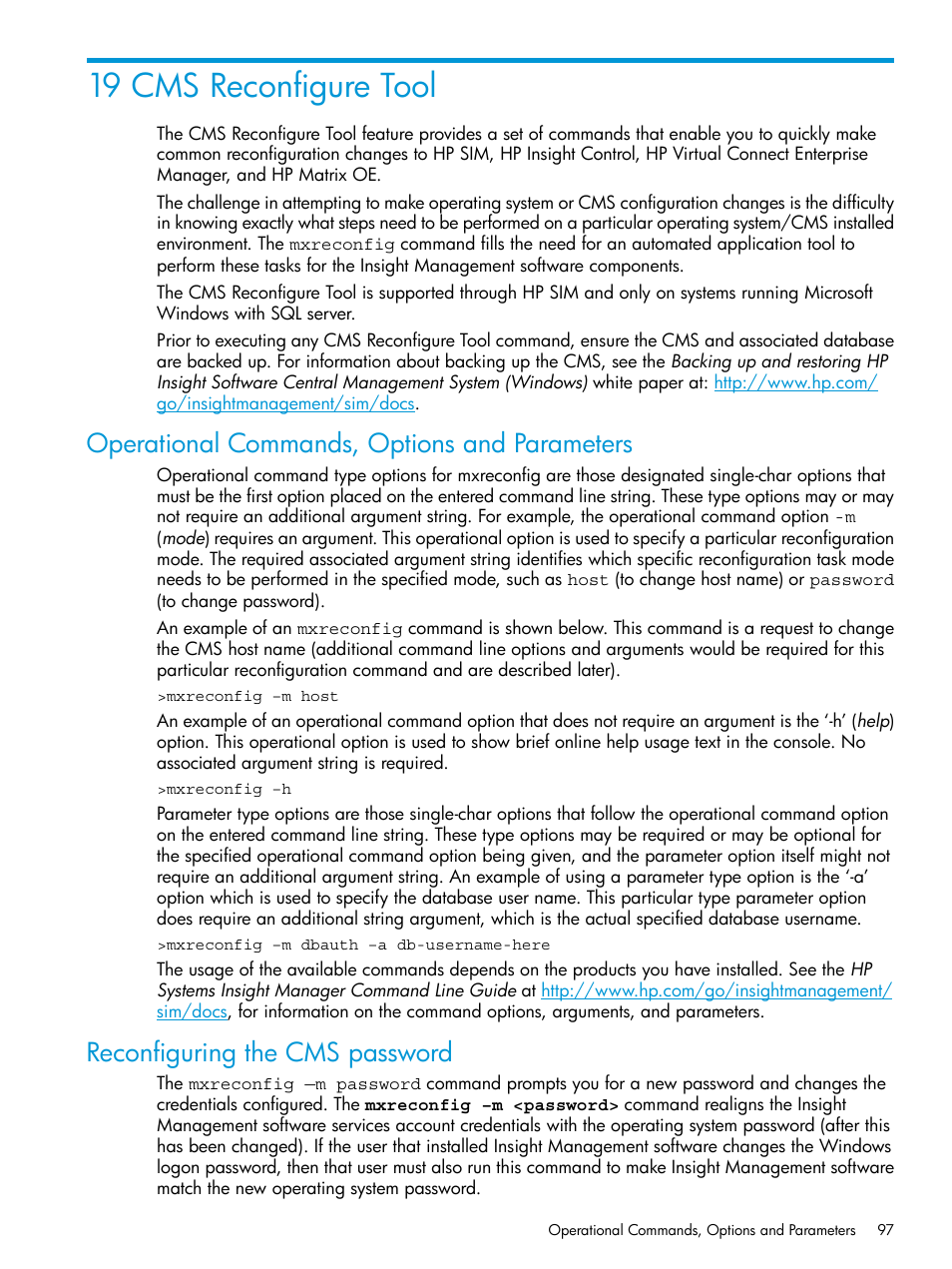 19 cms reconfigure tool, Operational commands, options and parameters, Reconfiguring the cms password | HP Systems Insight Manager User Manual | Page 97 / 256