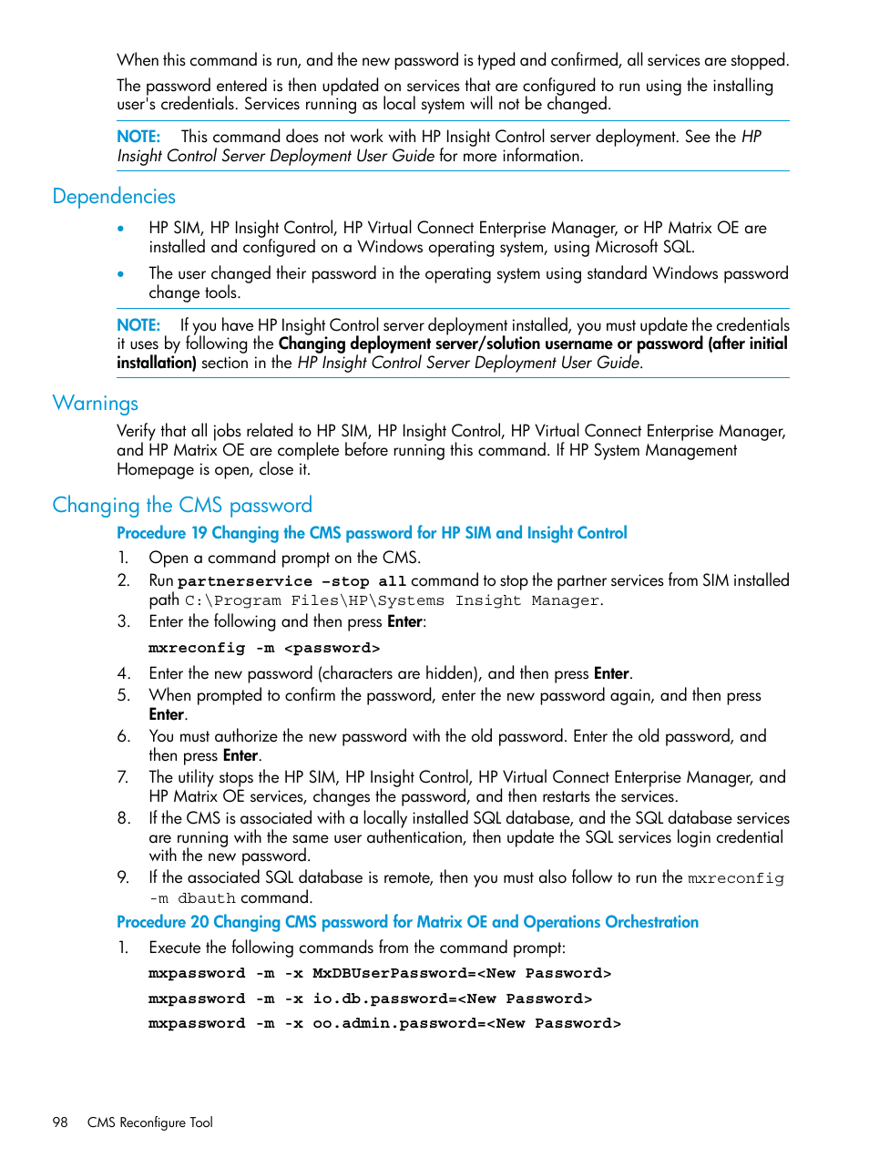 Dependencies, Warnings, Changing the cms password | Dependencies warnings changing the cms password | HP Systems Insight Manager User Manual | Page 98 / 256