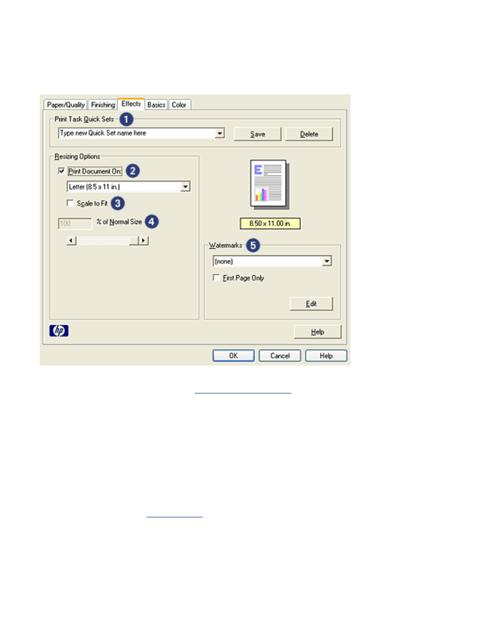 Effects tab, To choose resizing options and | HP Deskjet 5650 User Manual | Page 109 / 165