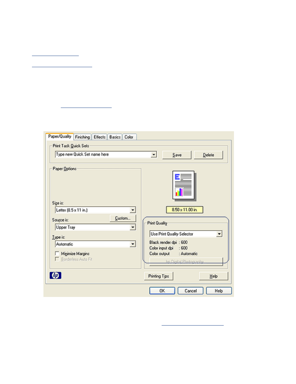 Selecting a print quality, Select the print quality, From the front of the printer | Printer software | HP Deskjet 5650 User Manual | Page 7 / 165