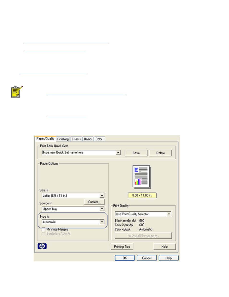 Selecting a paper type, Here, Using the automatic paper-type sensor | HP Deskjet 5650 User Manual | Page 90 / 165