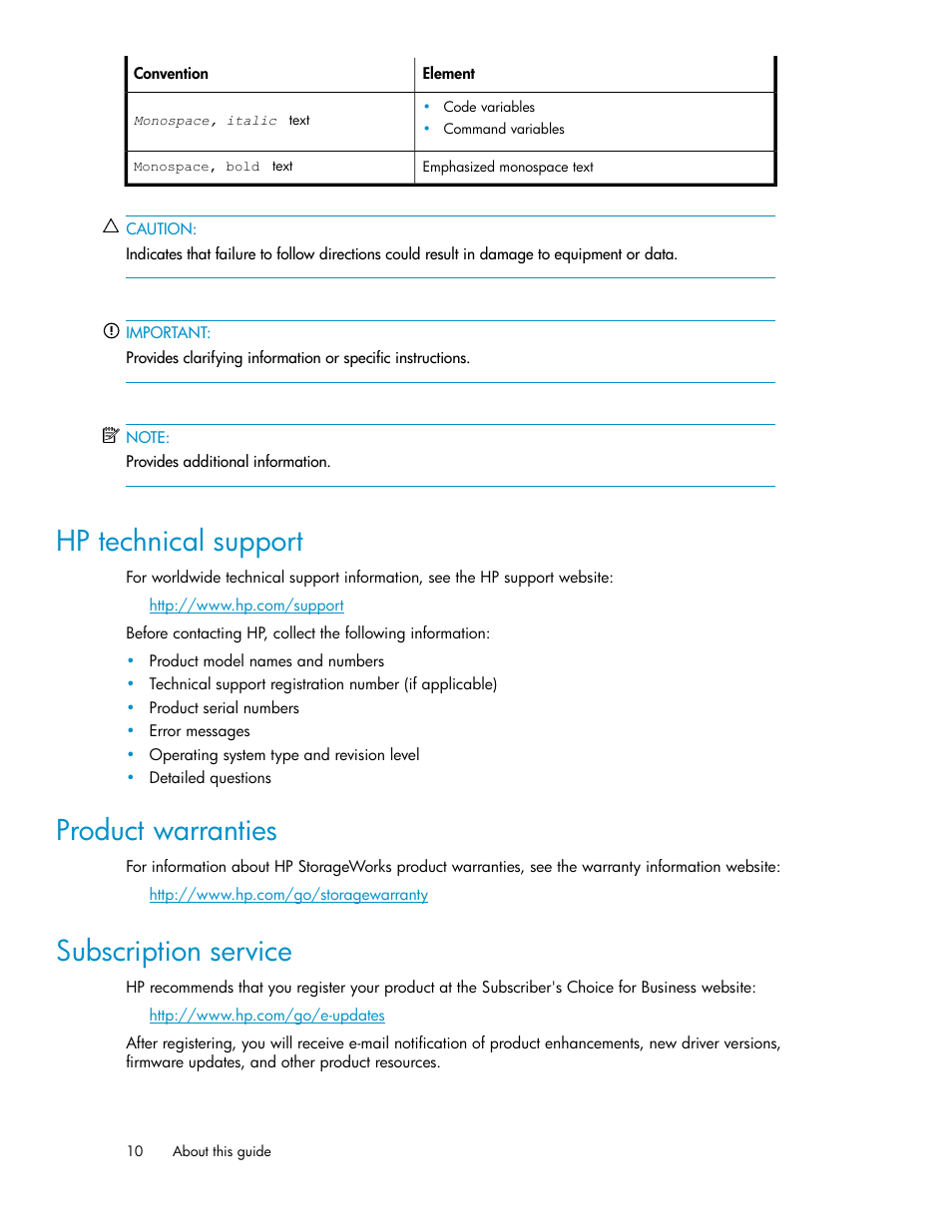 Hp technical support, Product warranties, Subscription service | 10 product warranties, 10 subscription service | HP StoreEver LTO Ultrium Tape Blades User Manual | Page 10 / 84