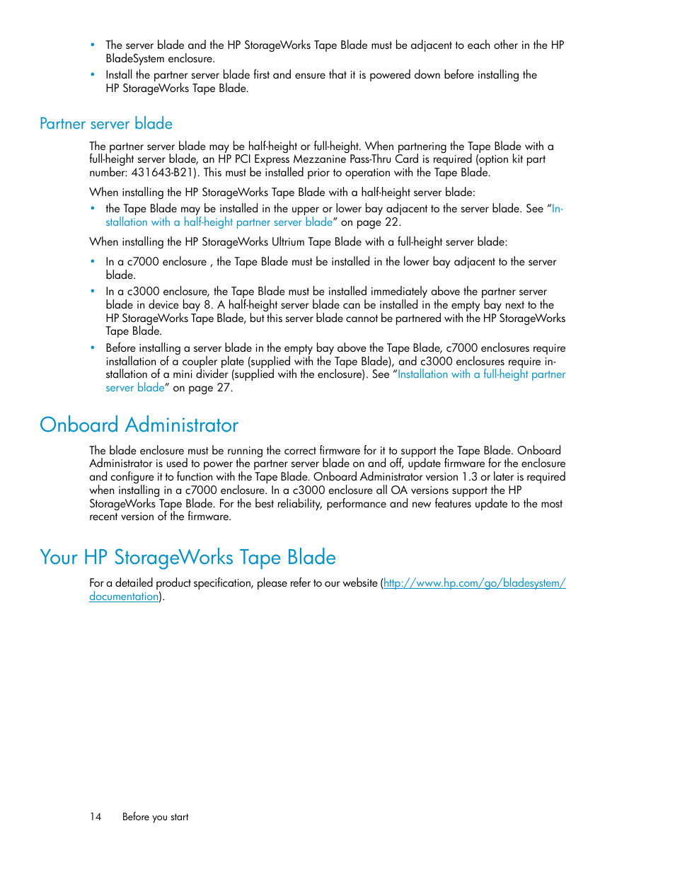 Partner server blade, Onboard administrator, Your hp storageworks tape blade | 14 your hp storageworks tape blade | HP StoreEver LTO Ultrium Tape Blades User Manual | Page 14 / 84