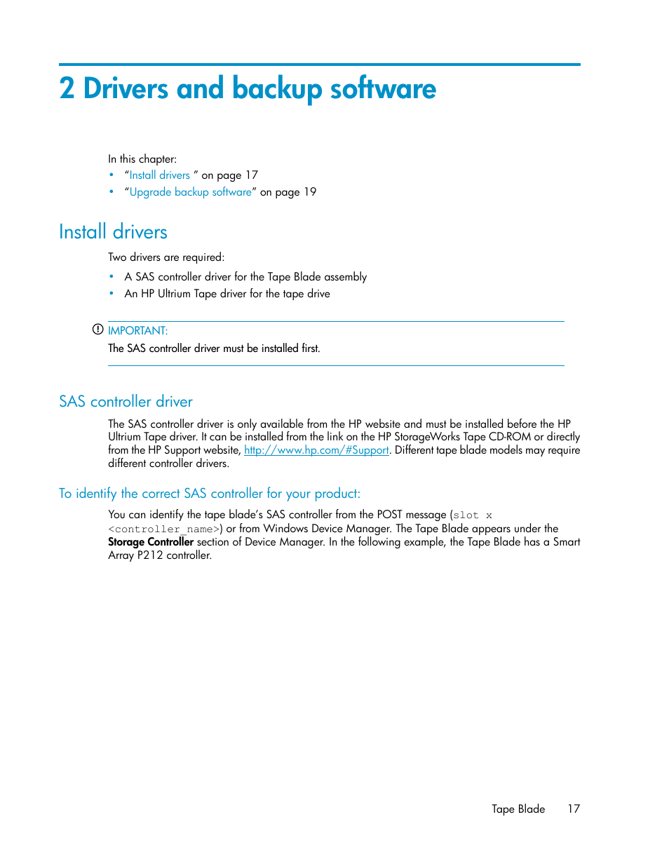 2 drivers and backup software, Install drivers, Sas controller driver | HP StoreEver LTO Ultrium Tape Blades User Manual | Page 17 / 84