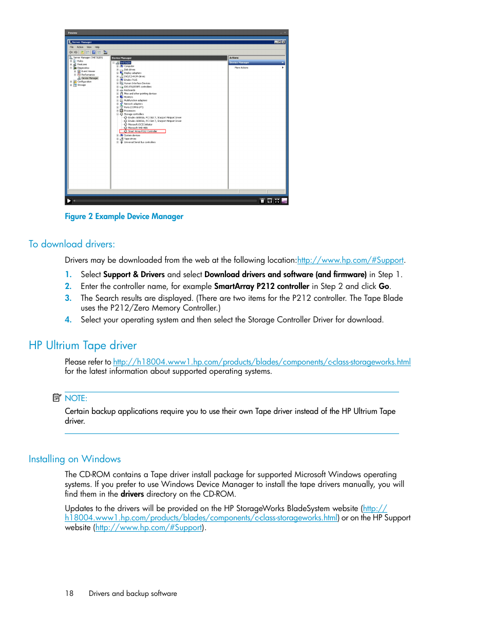Hp ultrium tape driver, Installing on windows, Example device manager | HP StoreEver LTO Ultrium Tape Blades User Manual | Page 18 / 84