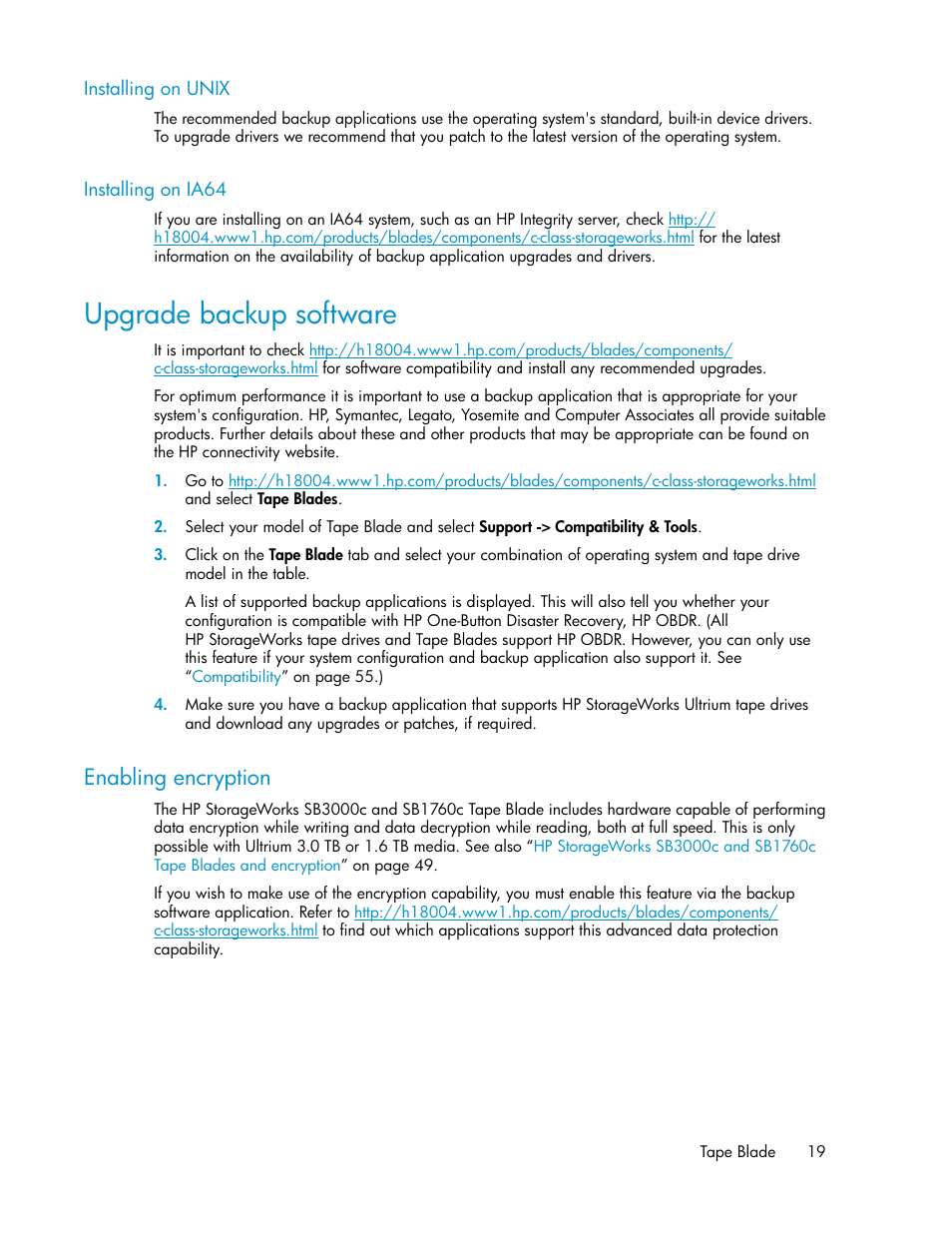 Installing on unix, Installing on ia64, Upgrade backup software | Enabling encryption, 19 installing on ia64 | HP StoreEver LTO Ultrium Tape Blades User Manual | Page 19 / 84
