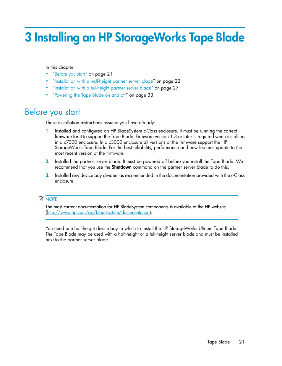 3 installing an hp storageworks tape blade, Before you start | HP StoreEver LTO Ultrium Tape Blades User Manual | Page 21 / 84