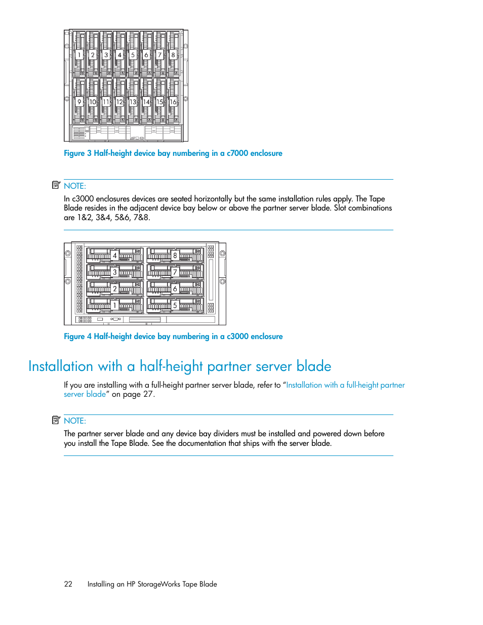 Stallation with a half-height partner server blade | HP StoreEver LTO Ultrium Tape Blades User Manual | Page 22 / 84