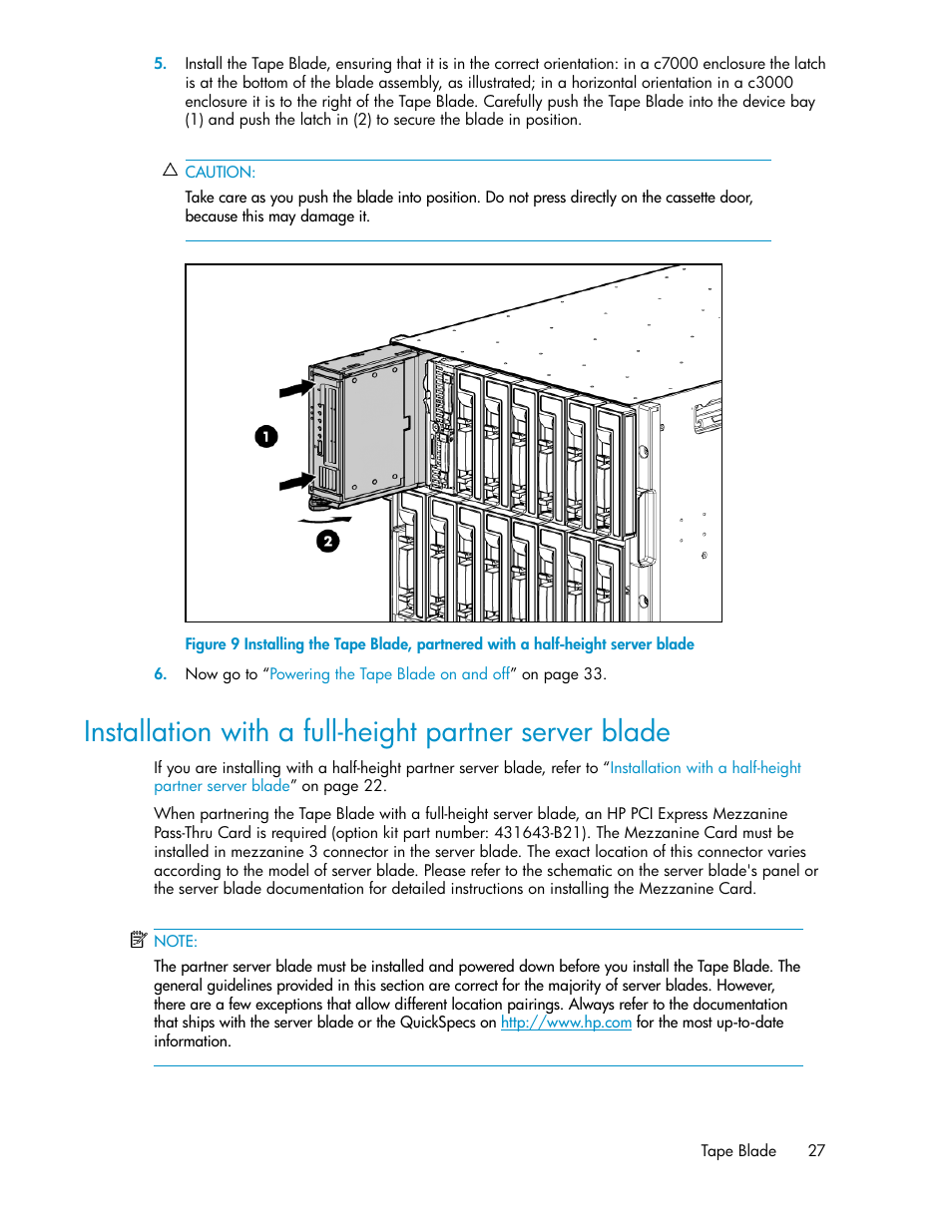 Installation with a full-height partner, Server blade | HP StoreEver LTO Ultrium Tape Blades User Manual | Page 27 / 84
