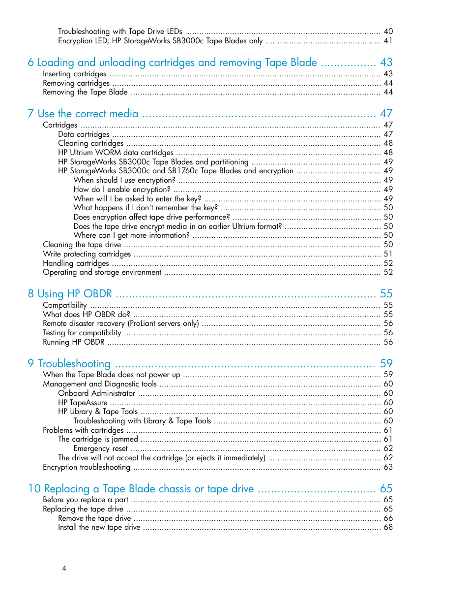 7 use the correct media, 8 using hp obdr, 9 troubleshooting | 10 replacing a tape blade chassis or tape drive | HP StoreEver LTO Ultrium Tape Blades User Manual | Page 4 / 84