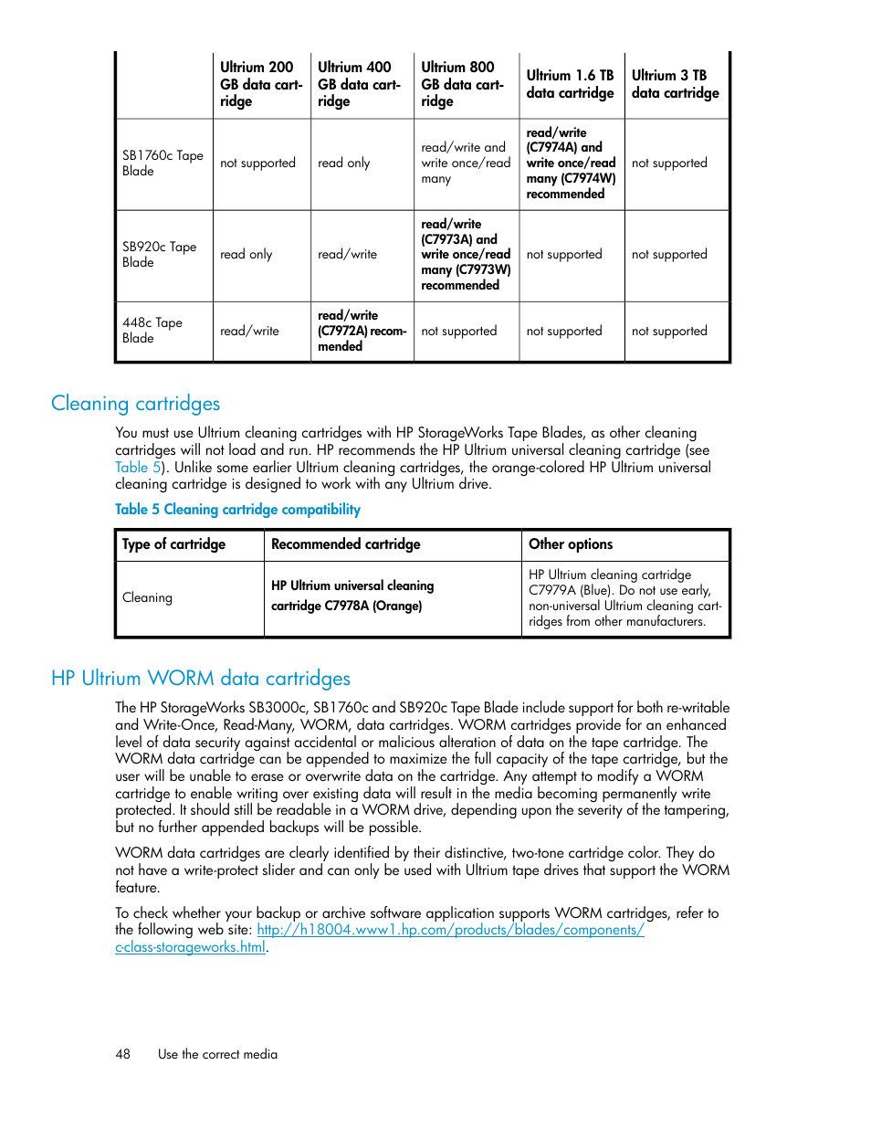 Cleaning cartridges, Hp ultrium worm data cartridges, 48 hp ultrium worm data cartridges | Cleaning cartridge compatibility | HP StoreEver LTO Ultrium Tape Blades User Manual | Page 48 / 84
