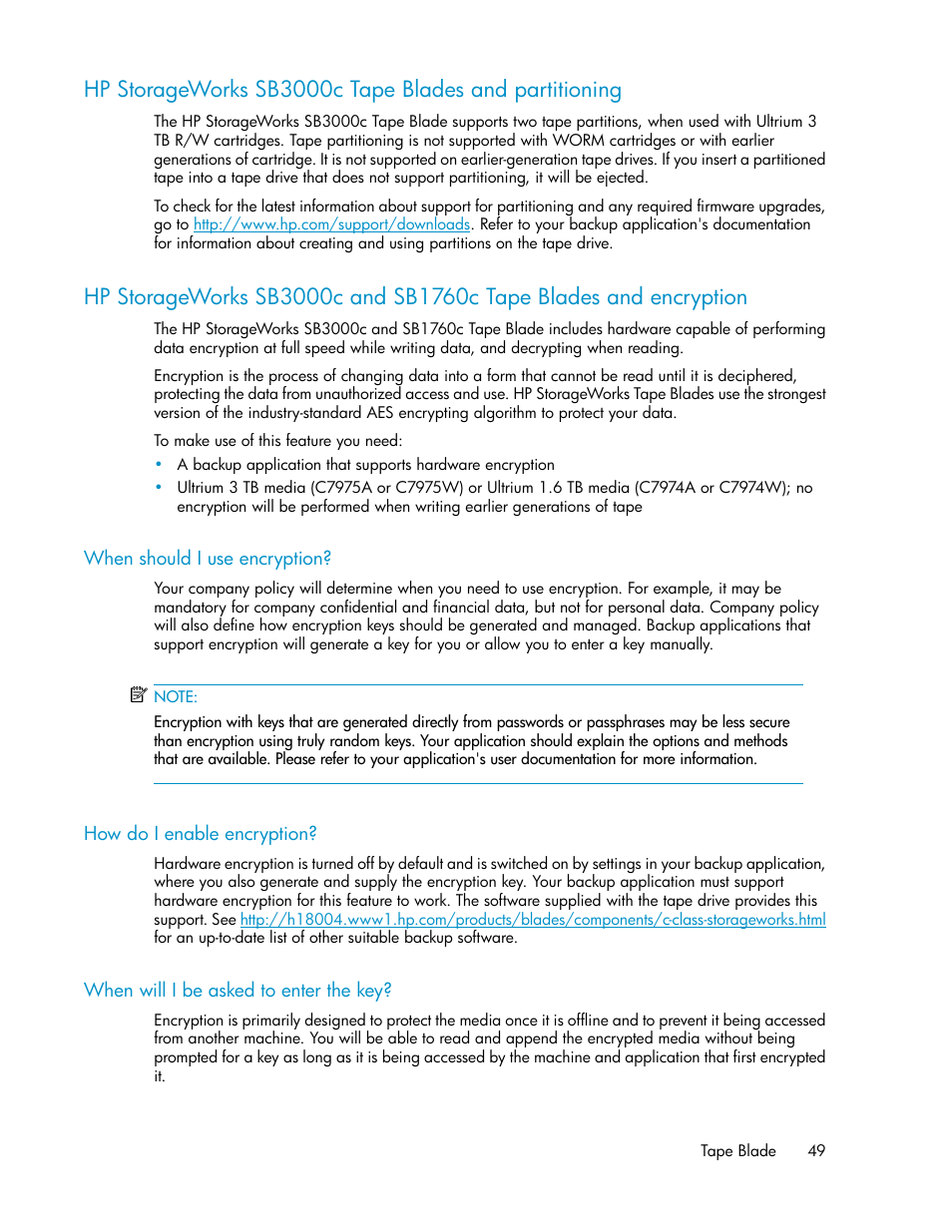 When should i use encryption, How do i enable encryption, When will i be asked to enter the key | 49 how do i enable encryption, 49 when will i be asked to enter the key, Hp storageworks sb3000c and sb1760c, Tape blades and encryption | HP StoreEver LTO Ultrium Tape Blades User Manual | Page 49 / 84
