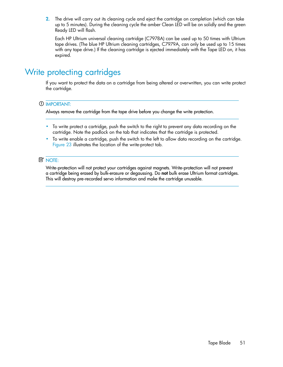 Write protecting cartridges, Write, Protecting cartridges | HP StoreEver LTO Ultrium Tape Blades User Manual | Page 51 / 84