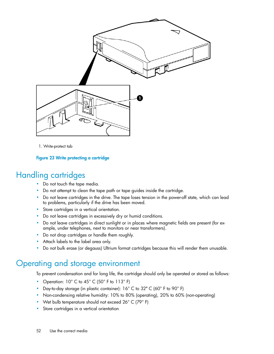 Handling cartridges, Operating and storage environment, 52 operating and storage environment | Write protecting a cartridge | HP StoreEver LTO Ultrium Tape Blades User Manual | Page 52 / 84