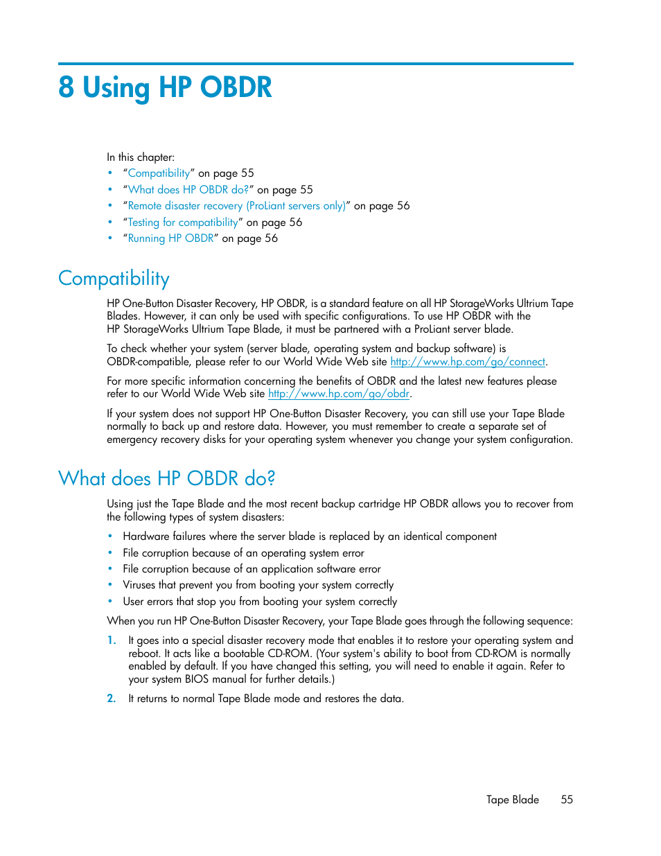 8 using hp obdr, Compatibility, What does hp obdr do | 55 what does hp obdr do | HP StoreEver LTO Ultrium Tape Blades User Manual | Page 55 / 84