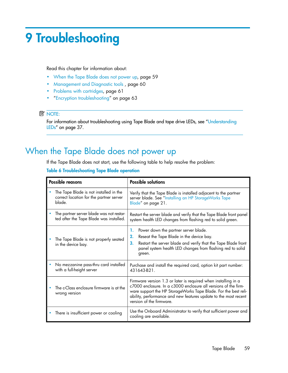 9 troubleshooting, When the tape blade does not power up, Troubleshooting tape blade operation | HP StoreEver LTO Ultrium Tape Blades User Manual | Page 59 / 84