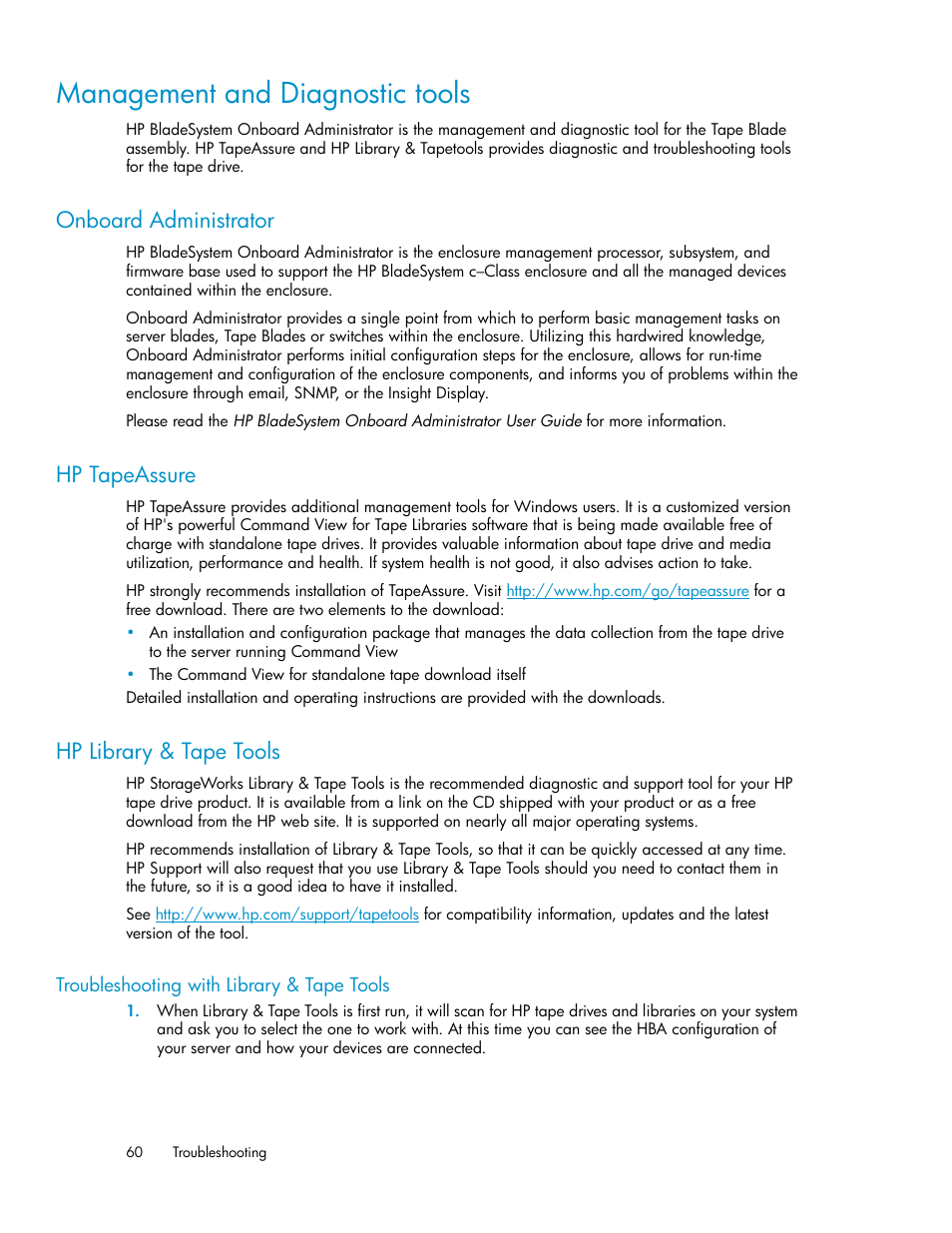 Management and diagnostic tools, Onboard administrator, Hp tapeassure | Hp library & tape tools, Troubleshooting with library & tape tools, 60 hp tapeassure, 60 hp library & tape tools | HP StoreEver LTO Ultrium Tape Blades User Manual | Page 60 / 84