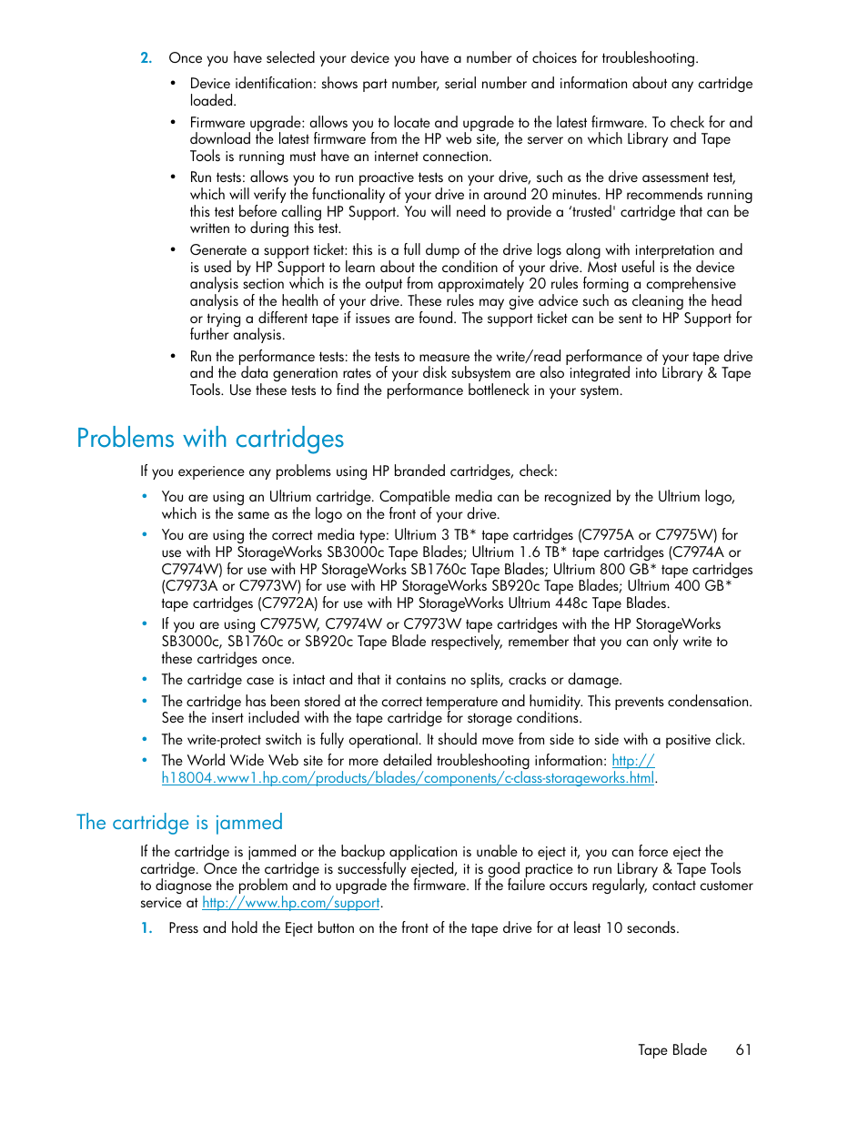 Problems with cartridges, The cartridge is jammed | HP StoreEver LTO Ultrium Tape Blades User Manual | Page 61 / 84