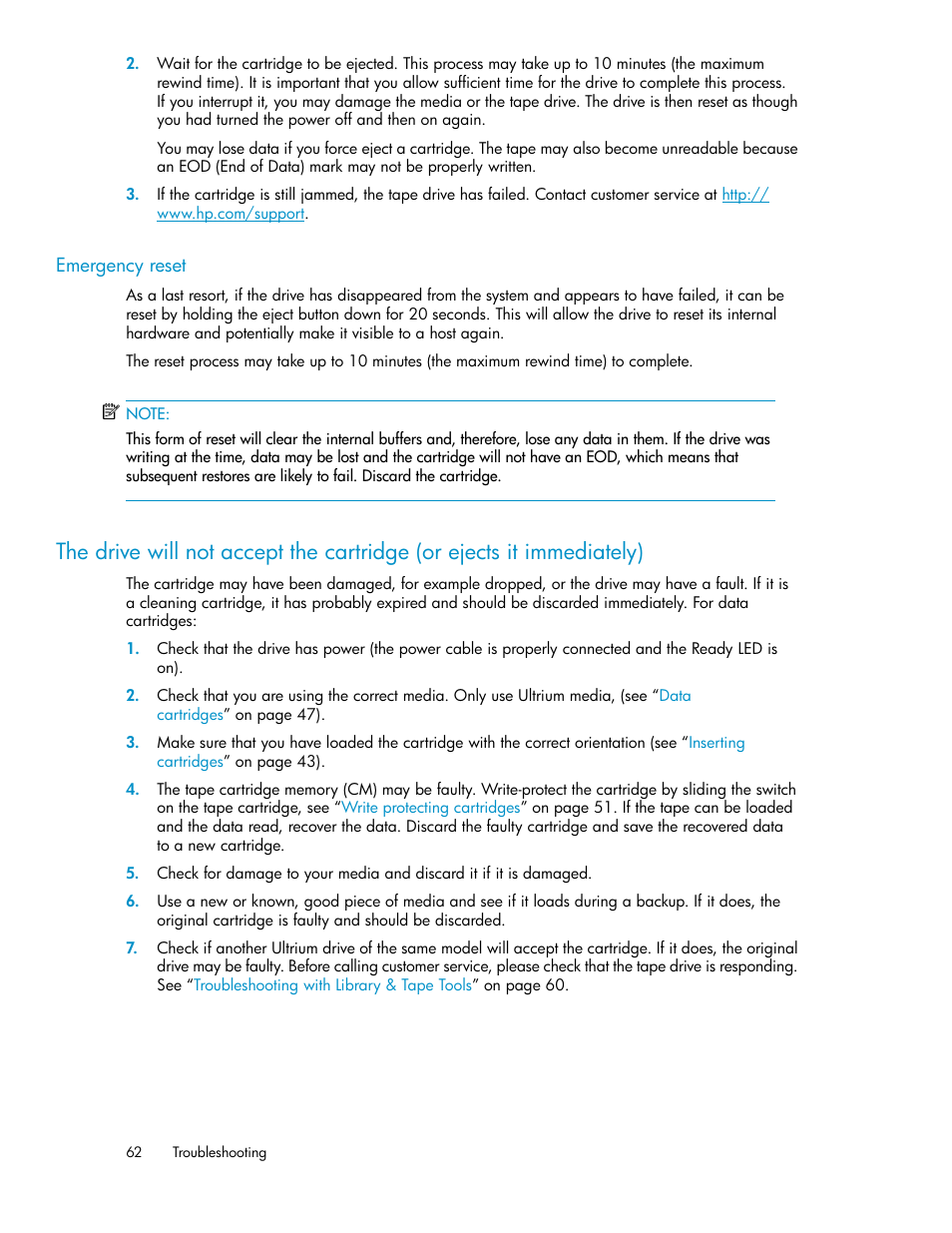 Emergency reset | HP StoreEver LTO Ultrium Tape Blades User Manual | Page 62 / 84