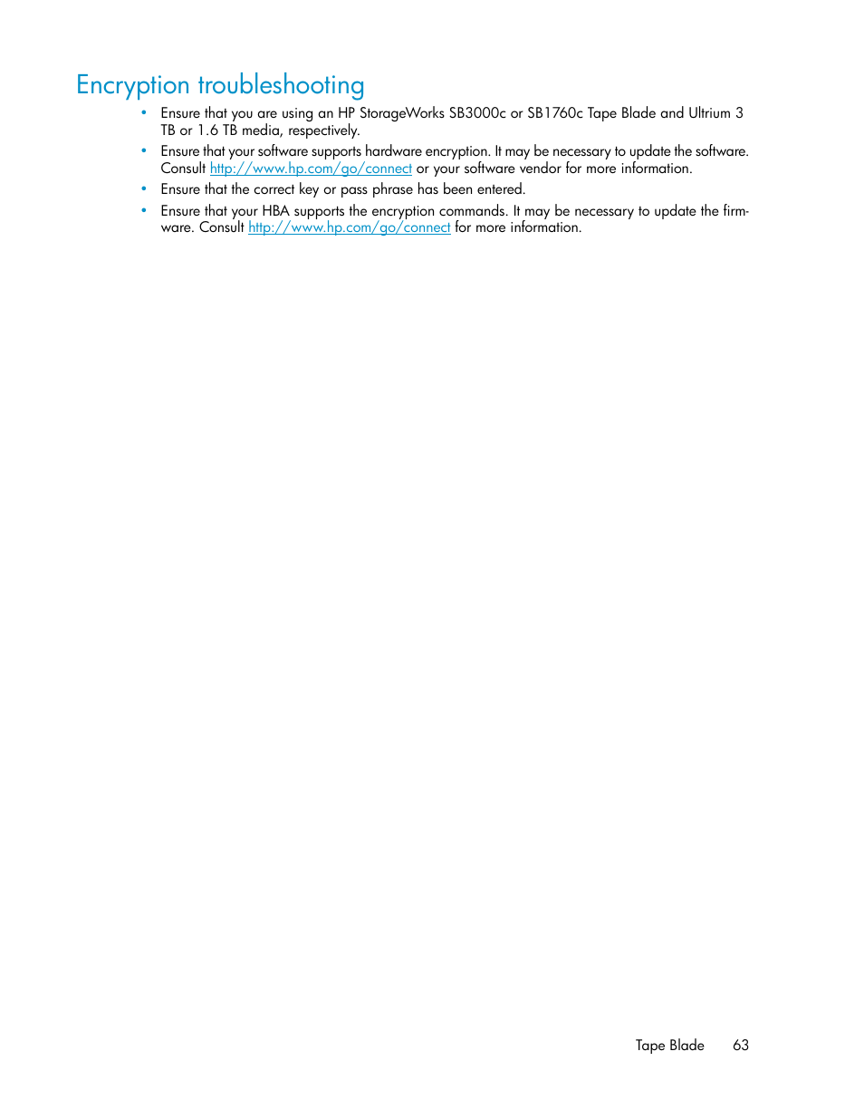 Encryption troubleshooting, Encryption, Troubleshooting | HP StoreEver LTO Ultrium Tape Blades User Manual | Page 63 / 84