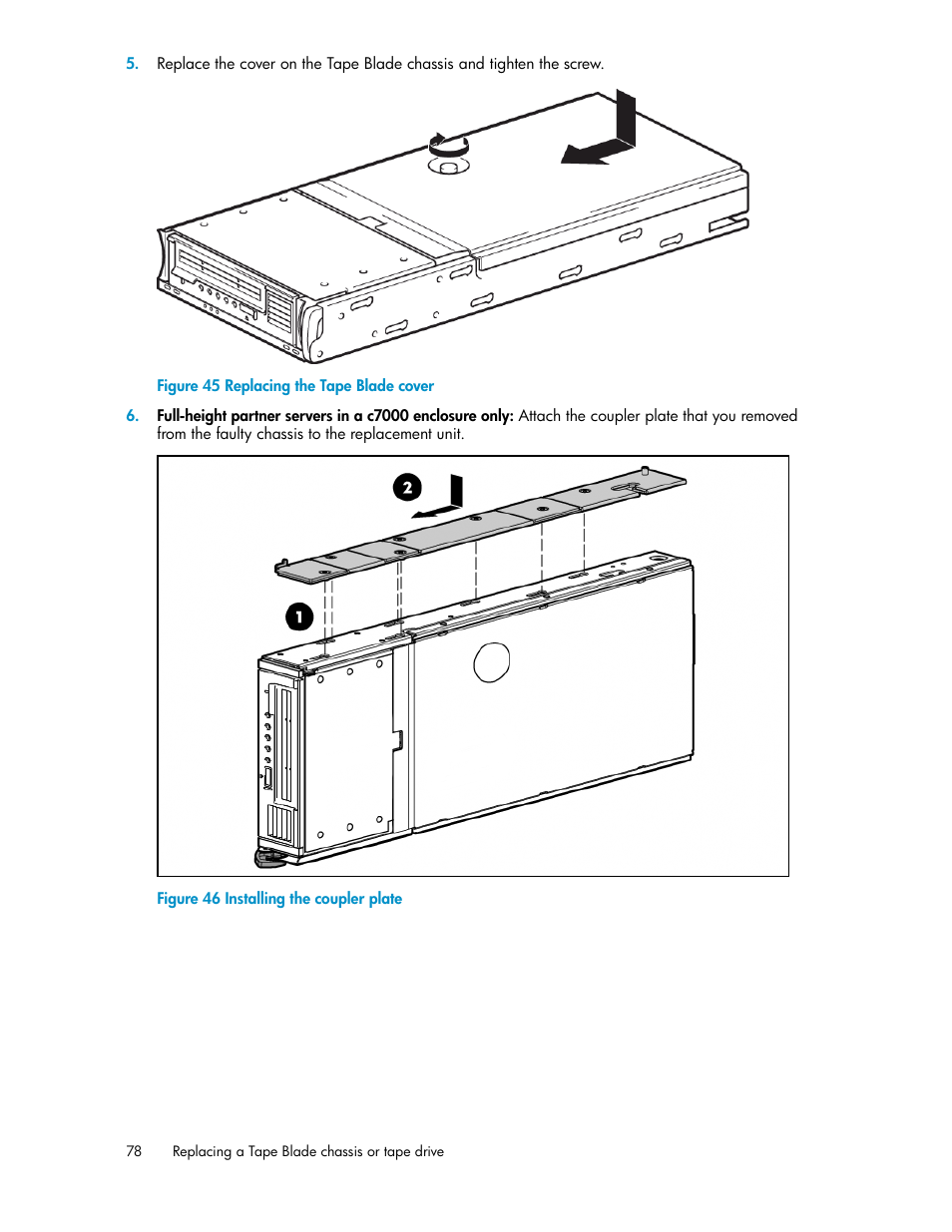 Replacing the tape blade cover, Installing the coupler plate | HP StoreEver LTO Ultrium Tape Blades User Manual | Page 78 / 84