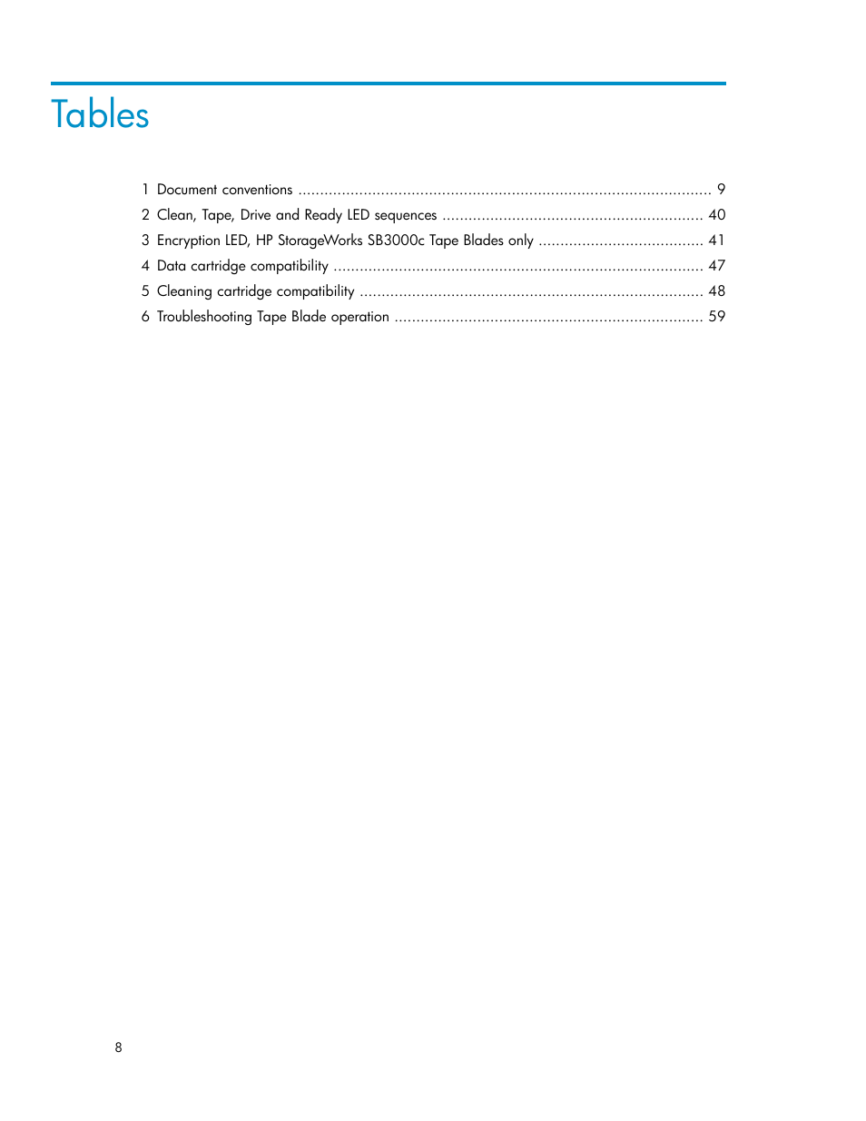 Tables | HP StoreEver LTO Ultrium Tape Blades User Manual | Page 8 / 84