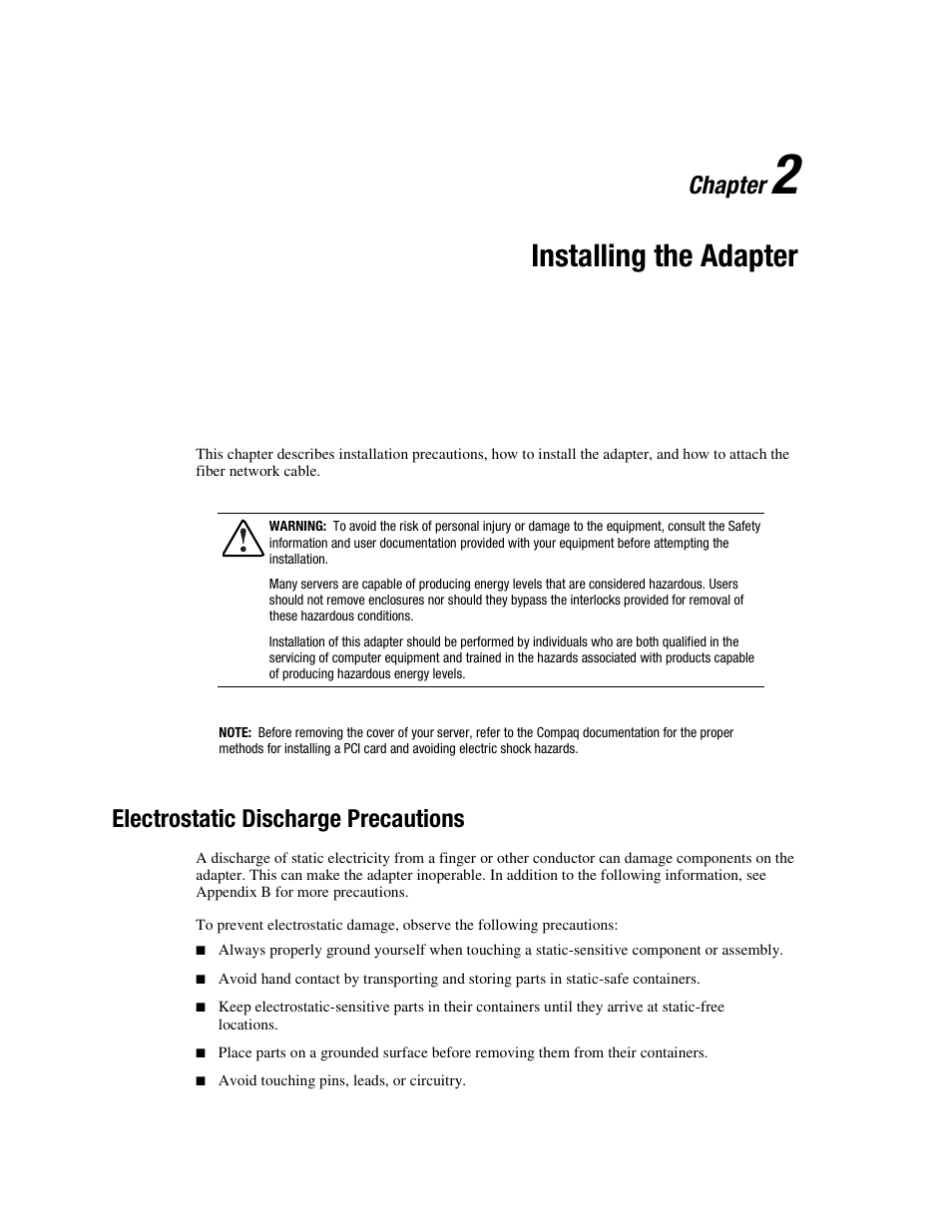 Chapter 2: installing the adapter, Electrostatic discharge precautions, Chapter 2 | Installing the adapter, Electrostatic discharge precautions -1, Chapter | HP NC6136 PCI Gigabit Server Adapter 64.66 1000-SX User Manual | Page 11 / 17