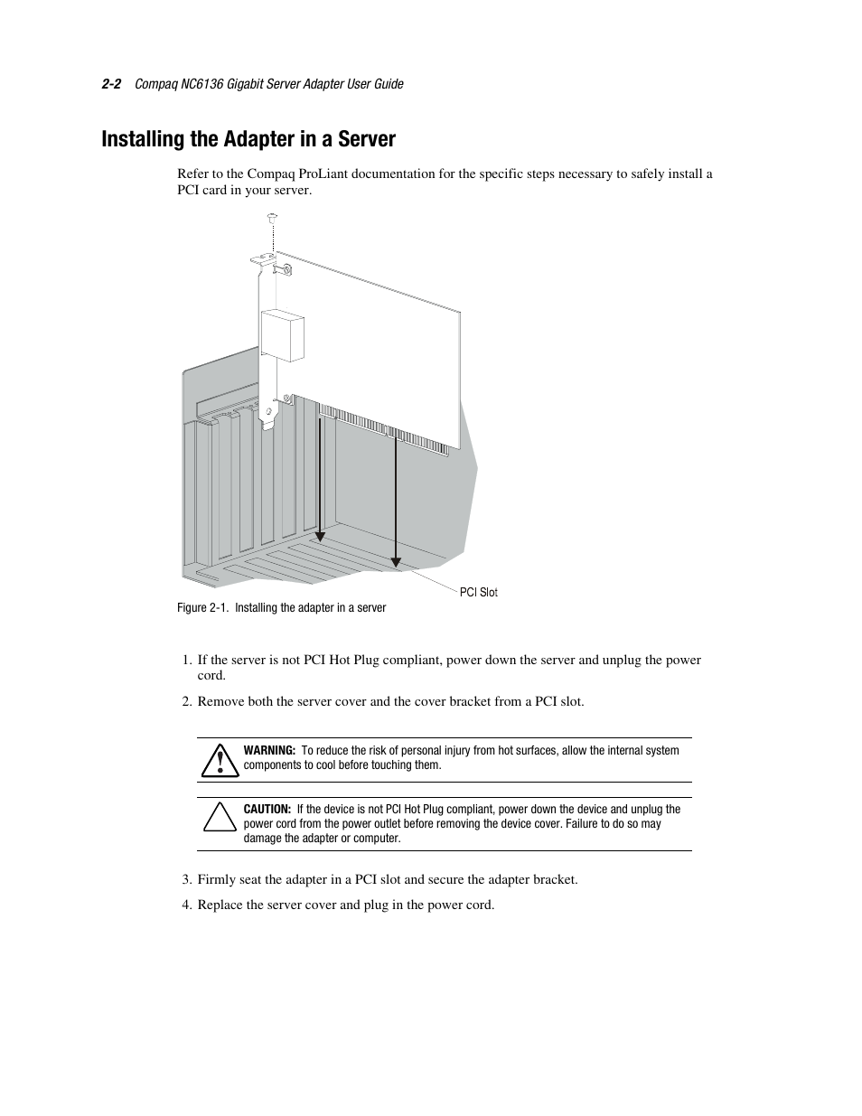 Installing the adapter in a server, Installing the adapter in a server -2 | HP NC6136 PCI Gigabit Server Adapter 64.66 1000-SX User Manual | Page 12 / 17