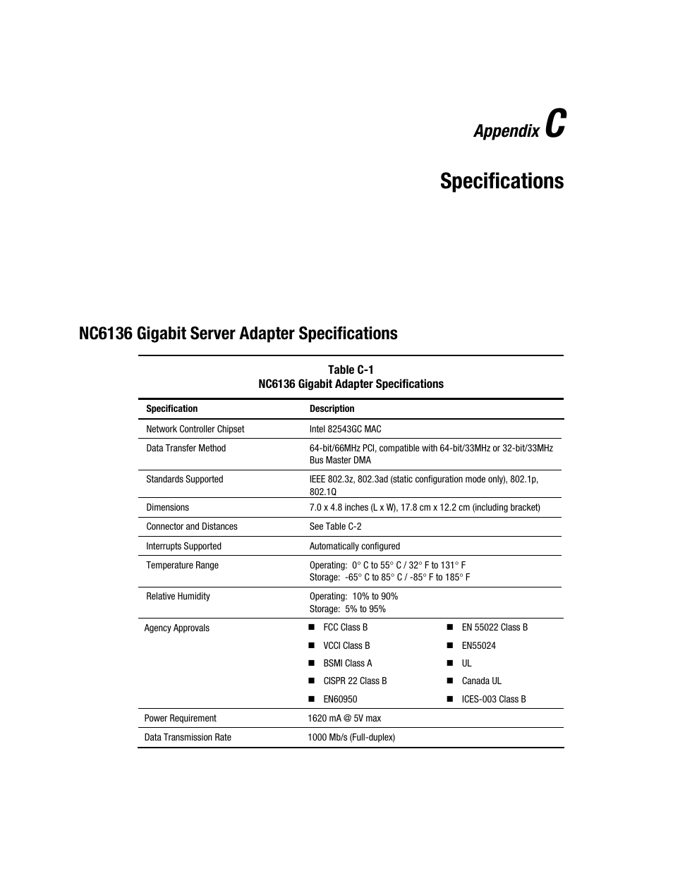 Appendix c: specifications, Nc6136 gigabit server adapter specifications, Appendix c | Specifications, Appendix | HP NC6136 PCI Gigabit Server Adapter 64.66 1000-SX User Manual | Page 16 / 17
