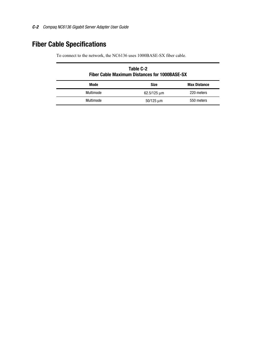 Fiber cable specifications | HP NC6136 PCI Gigabit Server Adapter 64.66 1000-SX User Manual | Page 17 / 17