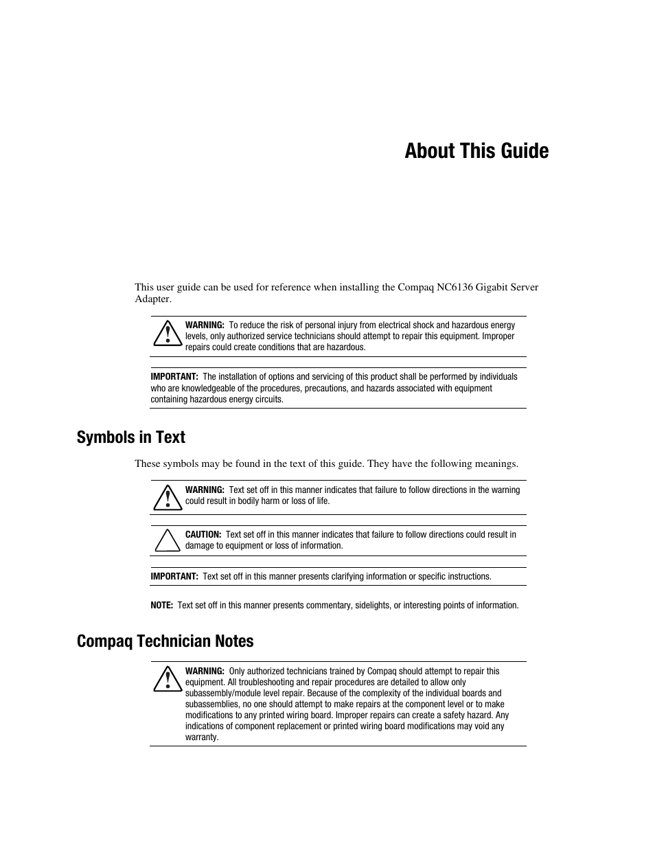About this guide, Symbols in text, Compaq technician notes | HP NC6136 PCI Gigabit Server Adapter 64.66 1000-SX User Manual | Page 5 / 17