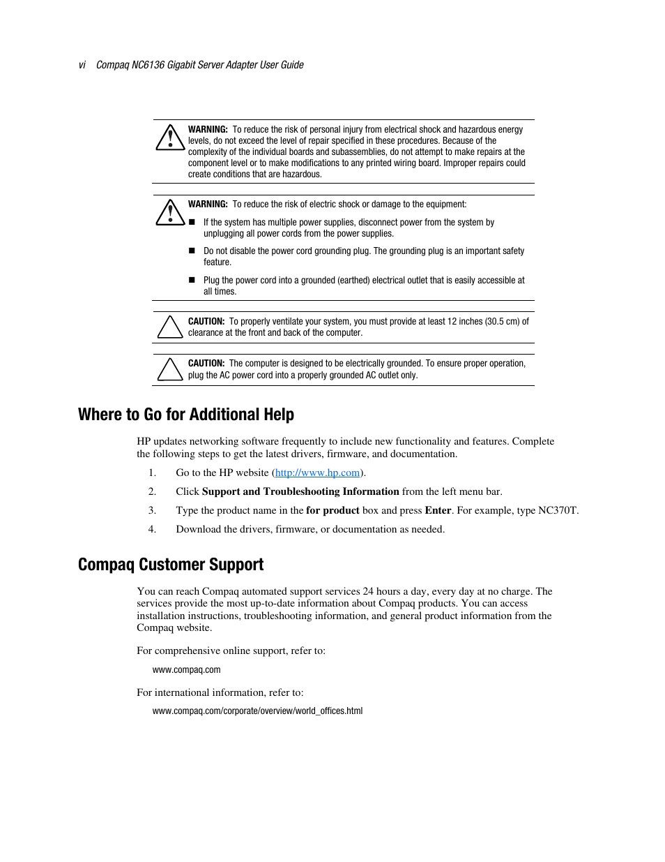 Where to go for additional help, Compaq customer support, Compaq website | HP NC6136 PCI Gigabit Server Adapter 64.66 1000-SX User Manual | Page 6 / 17