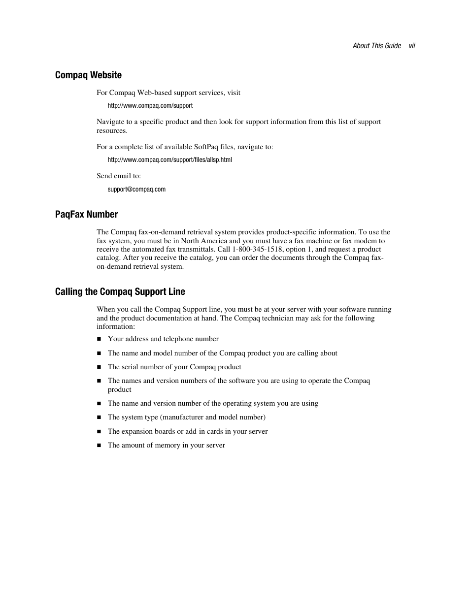 Paqfax number, Calling the compaq support line, Compaq website | HP NC6136 PCI Gigabit Server Adapter 64.66 1000-SX User Manual | Page 7 / 17