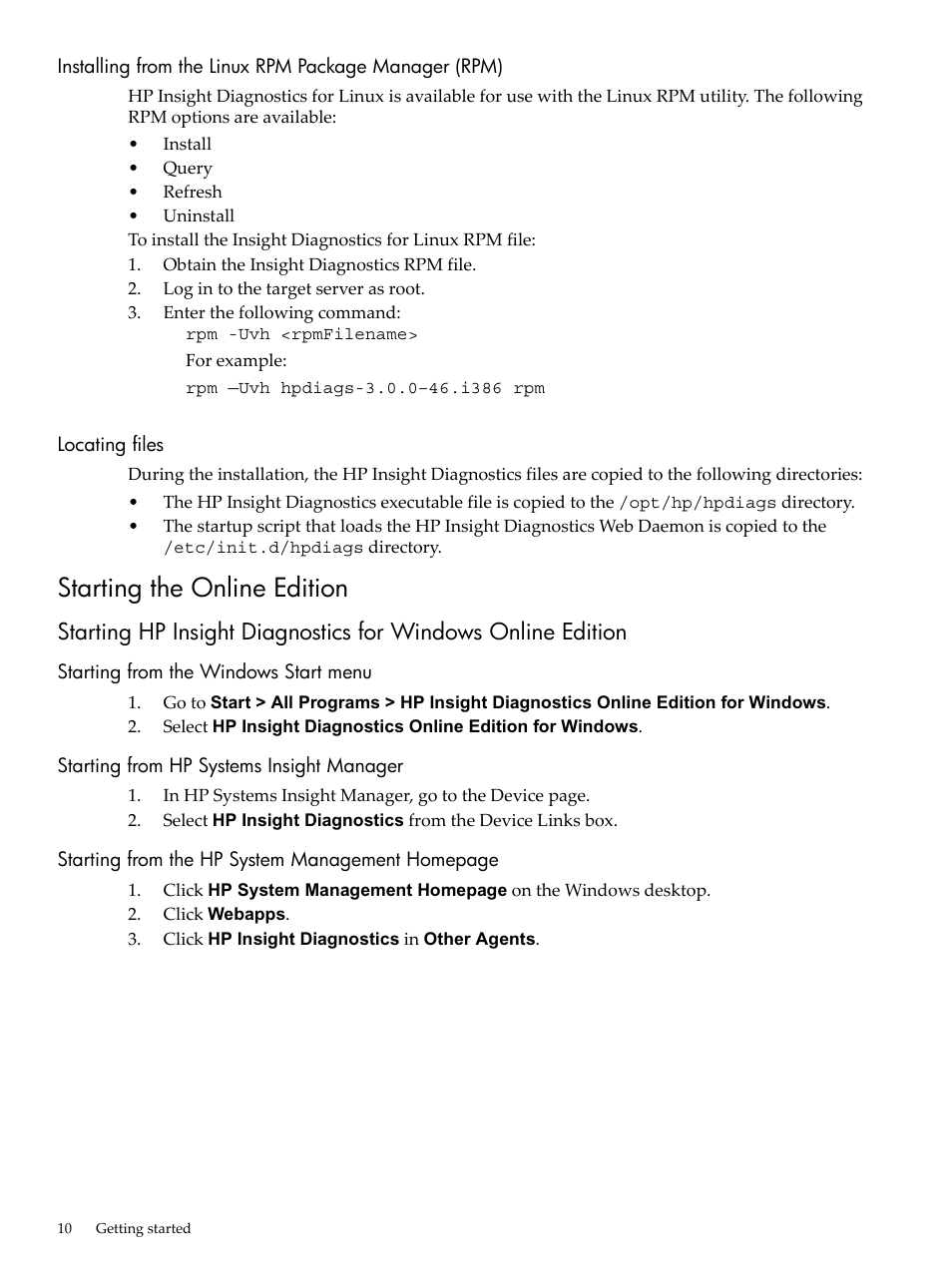 Locating files, Starting the online edition, Starting from the windows start menu | Starting from hp systems insight manager | HP Insight Diagnostics Software User Manual | Page 10 / 42