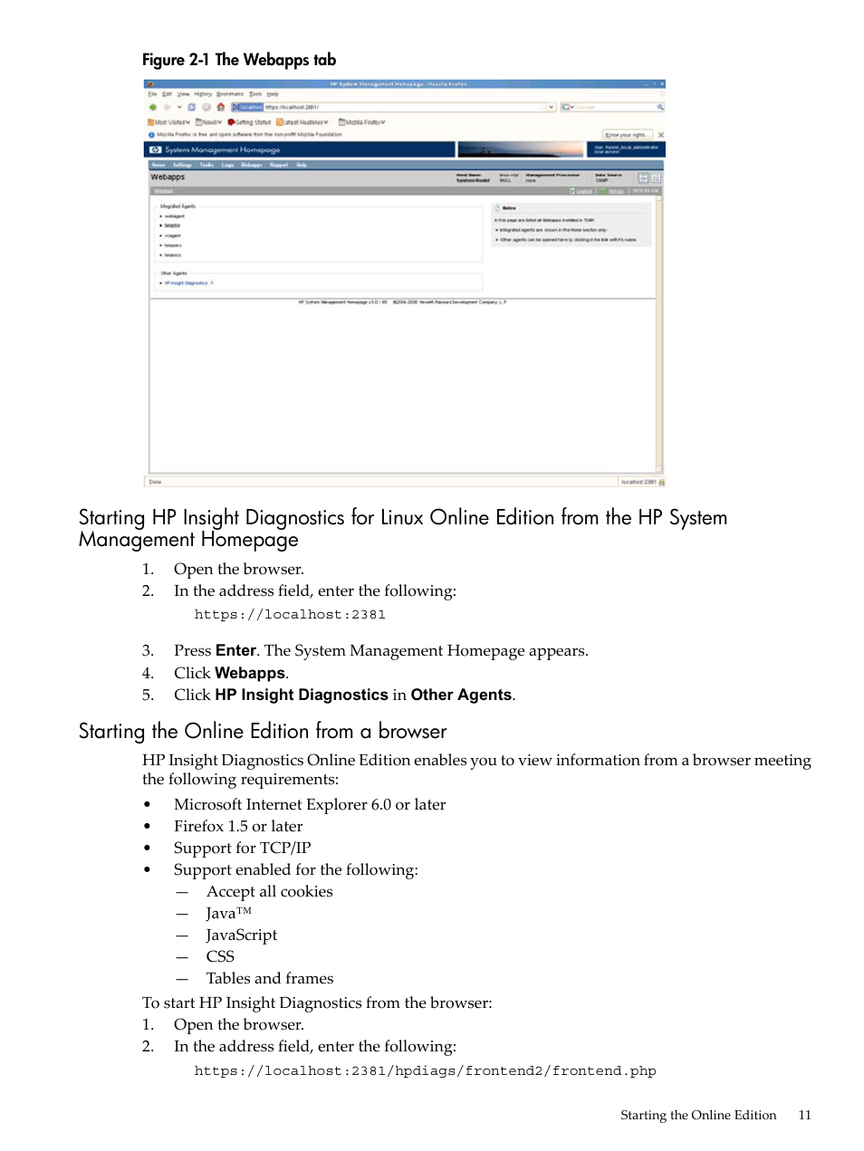 Starting the online edition from a browser, The webapps tab | HP Insight Diagnostics Software User Manual | Page 11 / 42