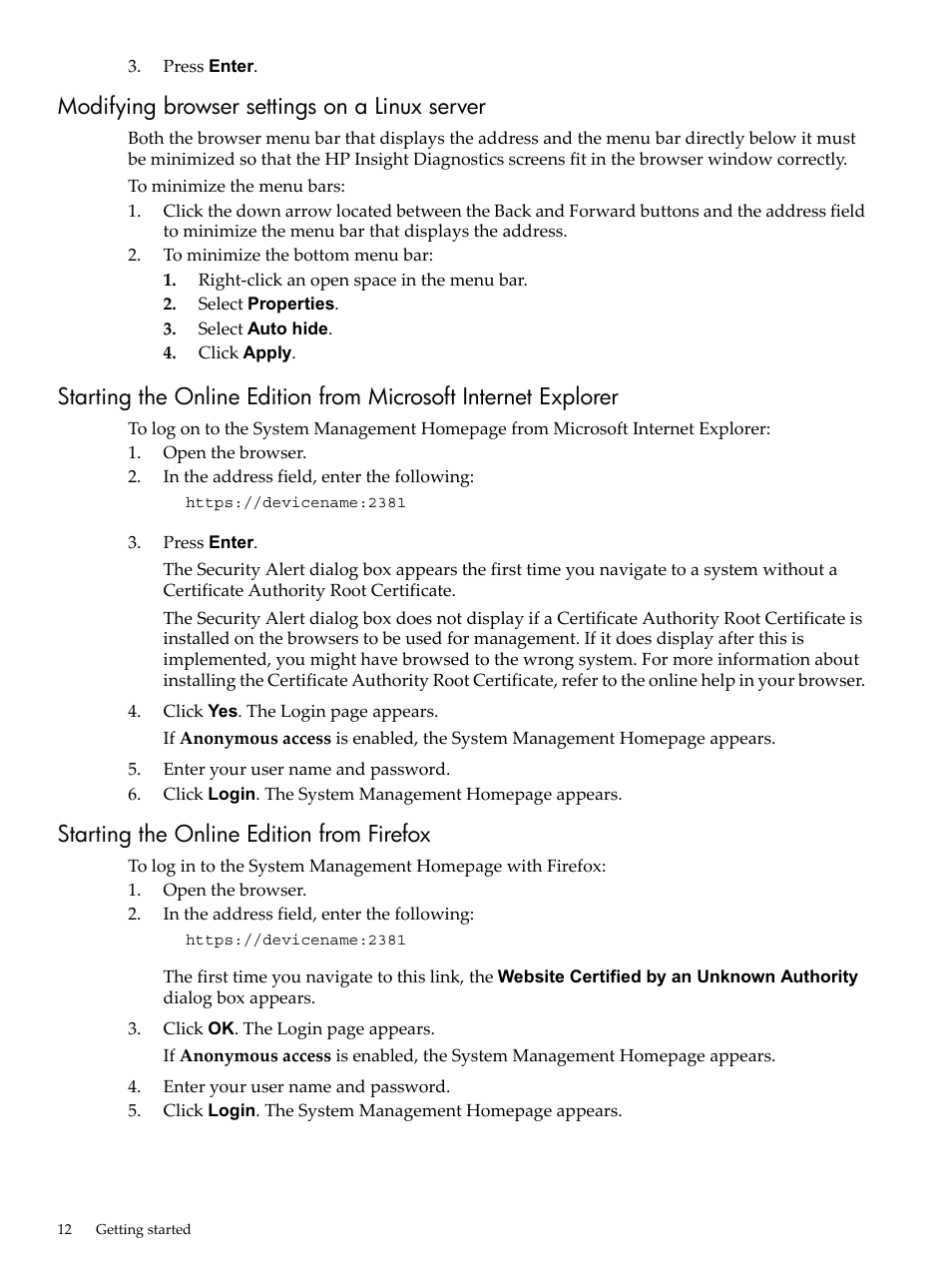 Modifying browser settings on a linux server, Starting the online edition from firefox | HP Insight Diagnostics Software User Manual | Page 12 / 42