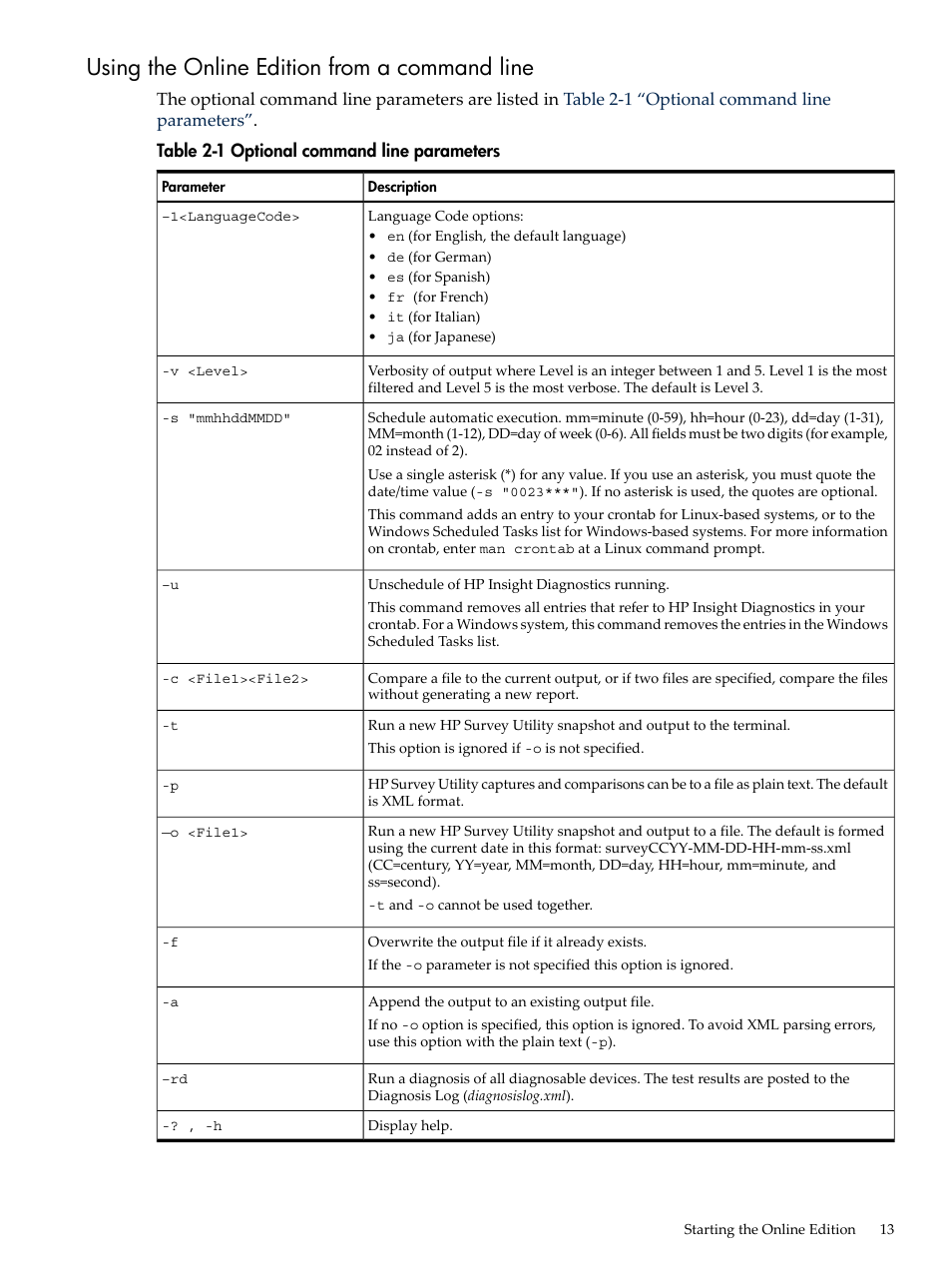 Using the online edition from a command line | HP Insight Diagnostics Software User Manual | Page 13 / 42