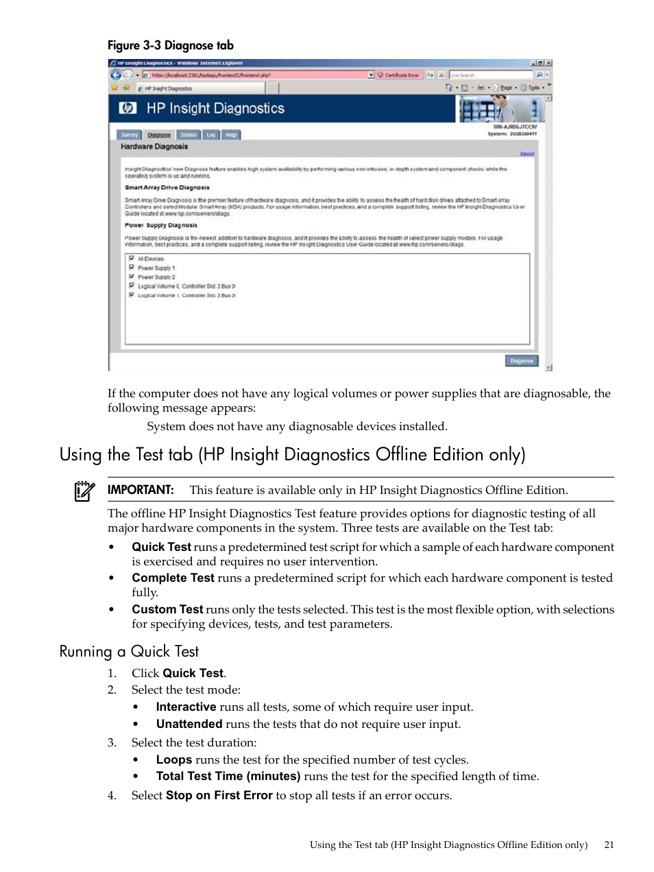 Running a quick test, Diagnose tab | HP Insight Diagnostics Software User Manual | Page 21 / 42