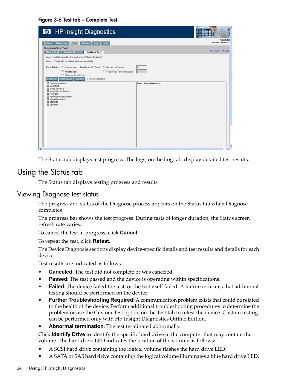 Using the status tab, Viewing diagnose test status, Test tab – complete test | HP Insight Diagnostics Software User Manual | Page 24 / 42