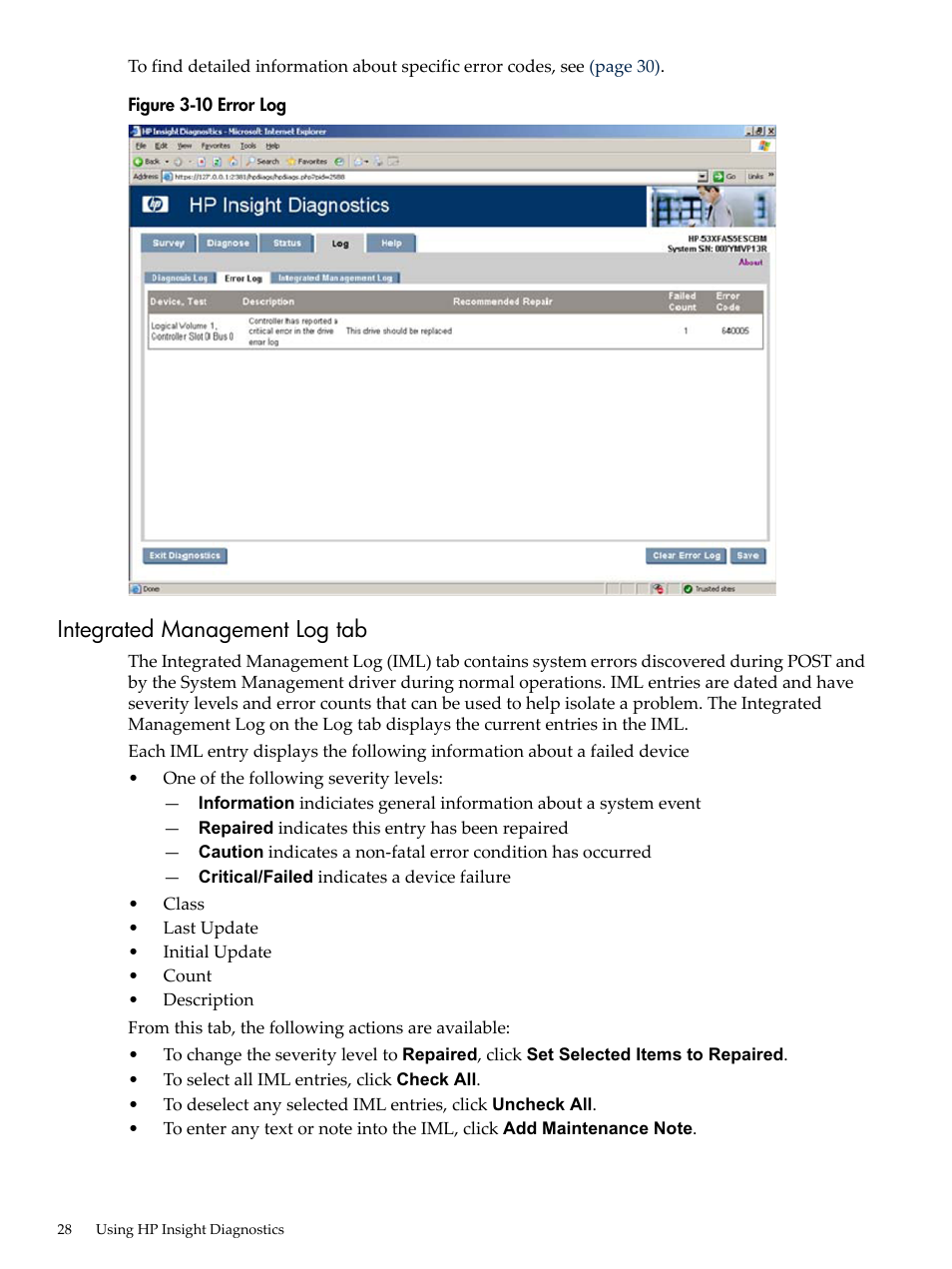 Integrated management log tab, Error log | HP Insight Diagnostics Software User Manual | Page 28 / 42