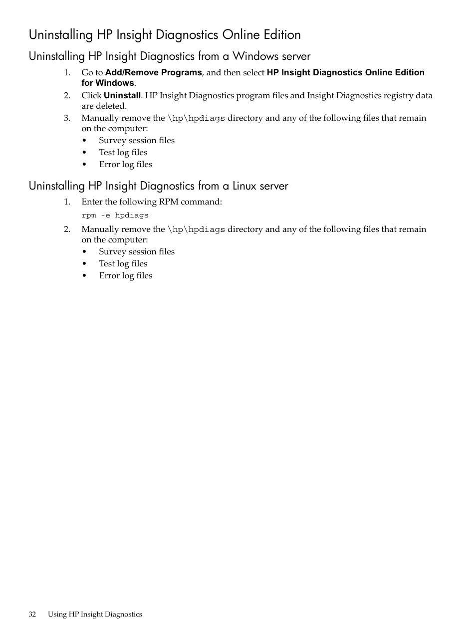 Uninstalling hp insight diagnostics online edition | HP Insight Diagnostics Software User Manual | Page 32 / 42