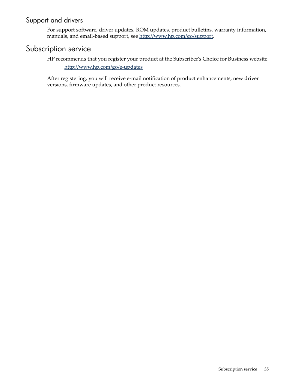 Support and drivers, Subscription service | HP Insight Diagnostics Software User Manual | Page 35 / 42