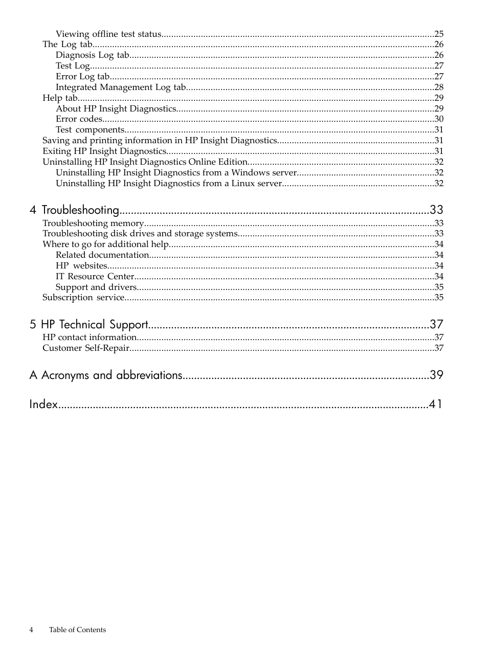 4 troubleshooting, 5 hp technical support, A acronyms and abbreviations index | HP Insight Diagnostics Software User Manual | Page 4 / 42
