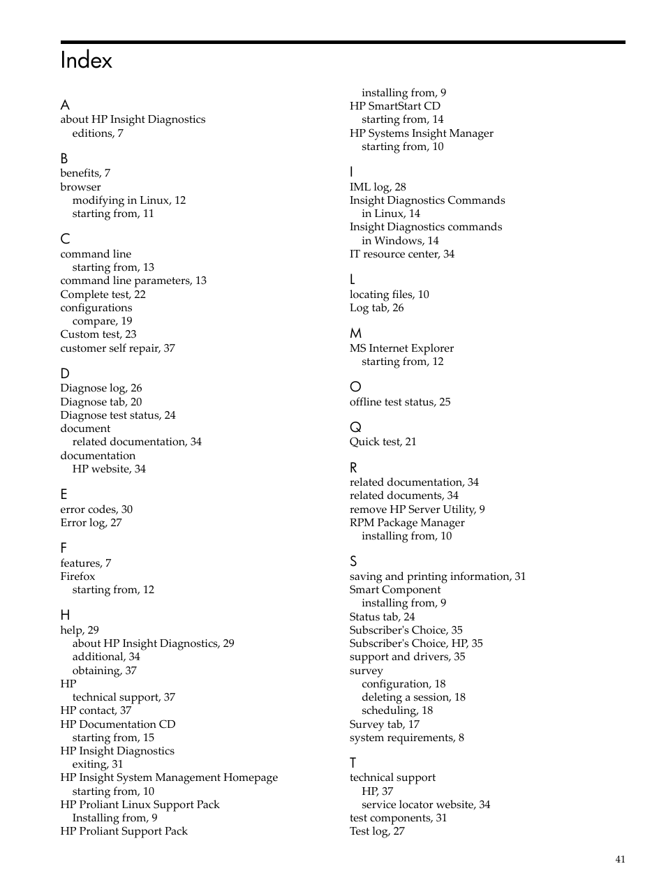 Index | HP Insight Diagnostics Software User Manual | Page 41 / 42
