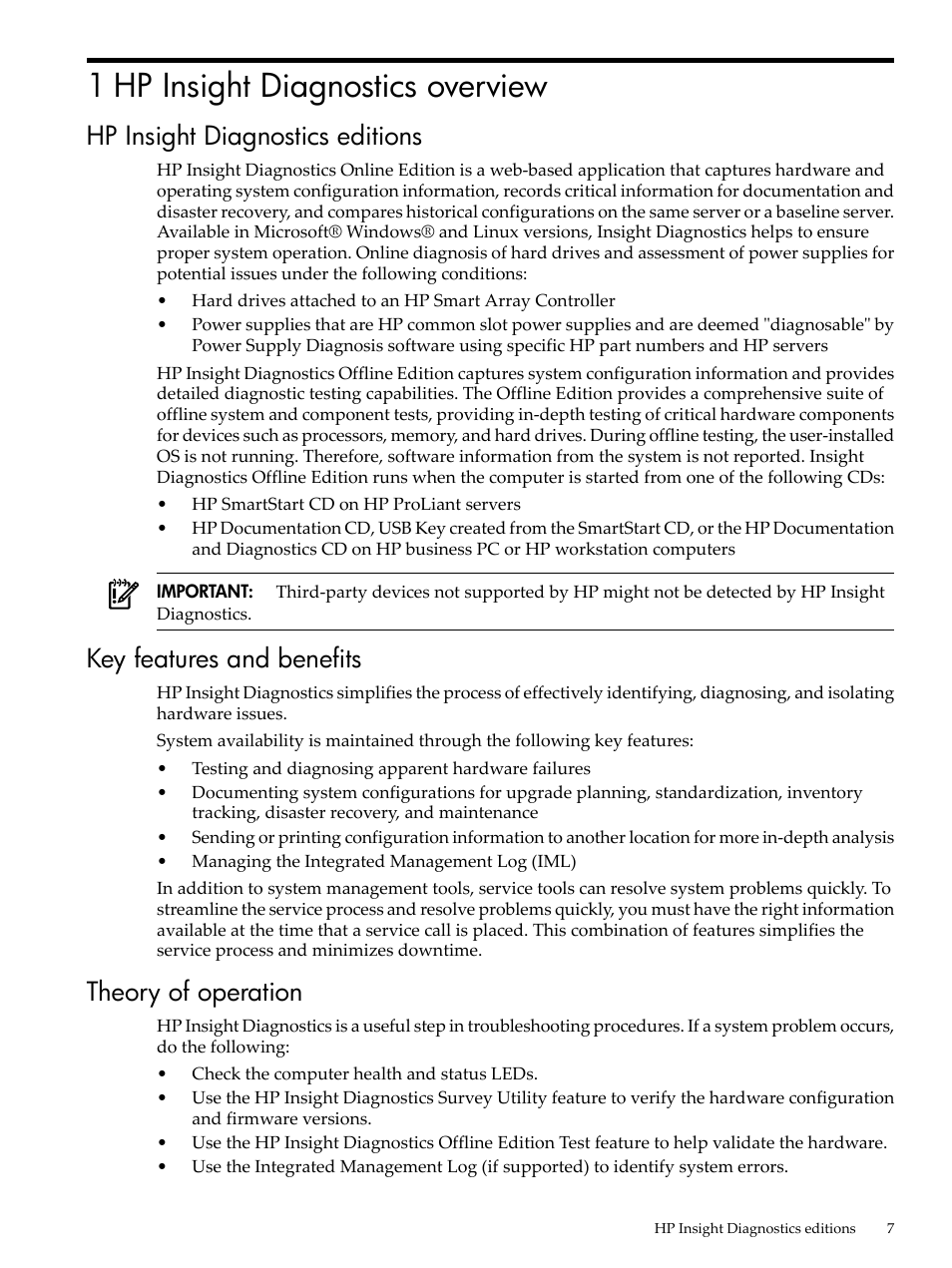 1 hp insight diagnostics overview, Hp insight diagnostics editions, Key features and benefits | Theory of operation | HP Insight Diagnostics Software User Manual | Page 7 / 42