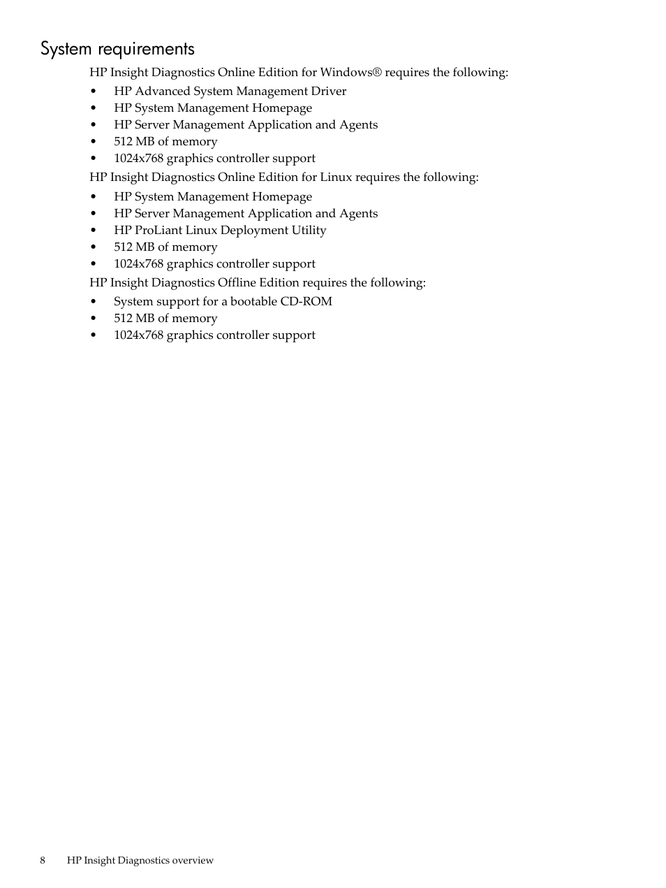 System requirements | HP Insight Diagnostics Software User Manual | Page 8 / 42
