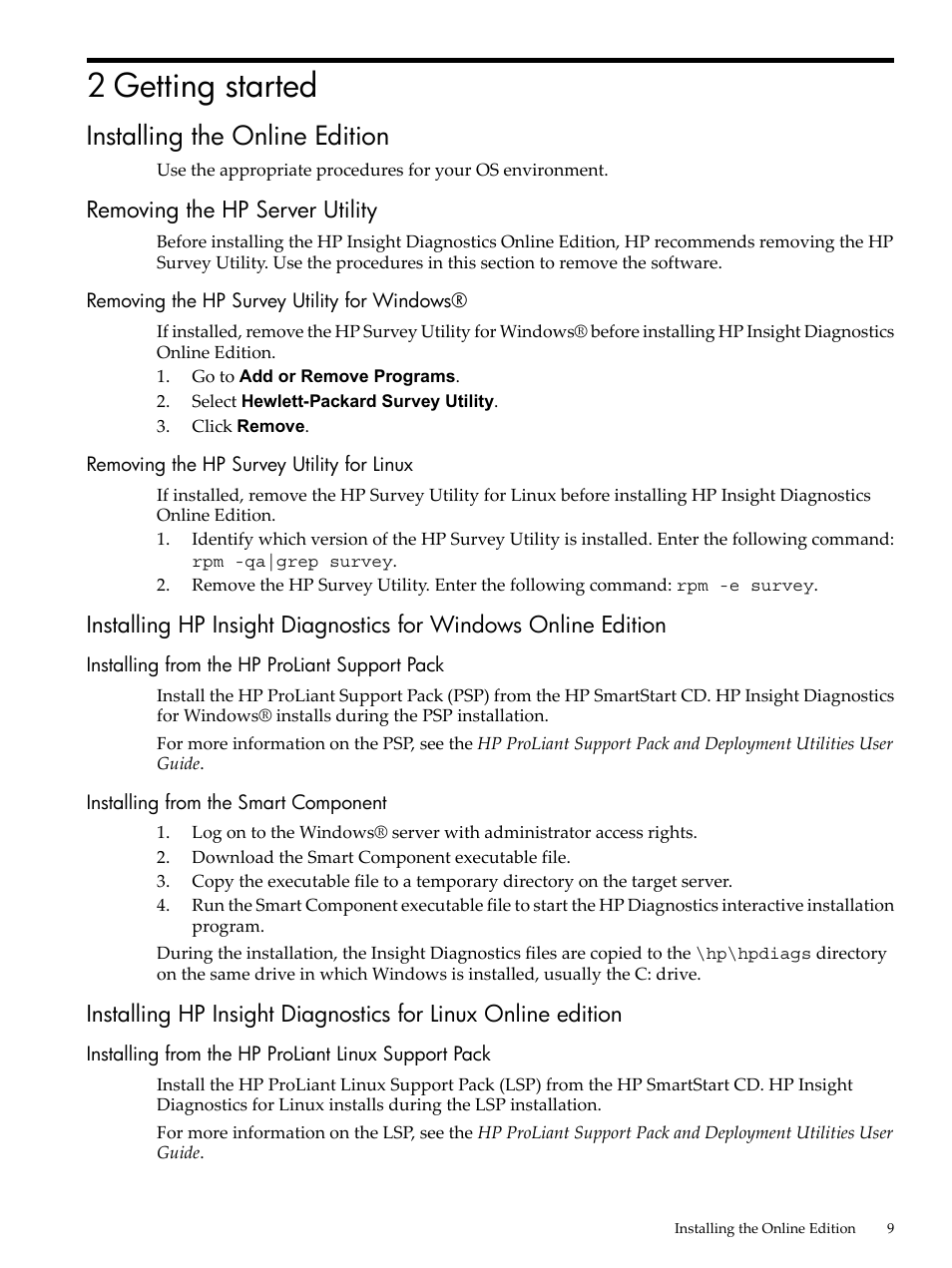 2 getting started, Installing the online edition, Removing the hp server utility | Removing the hp survey utility for windows, Removing the hp survey utility for linux, Installing from the hp proliant support pack, Installing from the smart component, Installing from the hp proliant linux support pack | HP Insight Diagnostics Software User Manual | Page 9 / 42