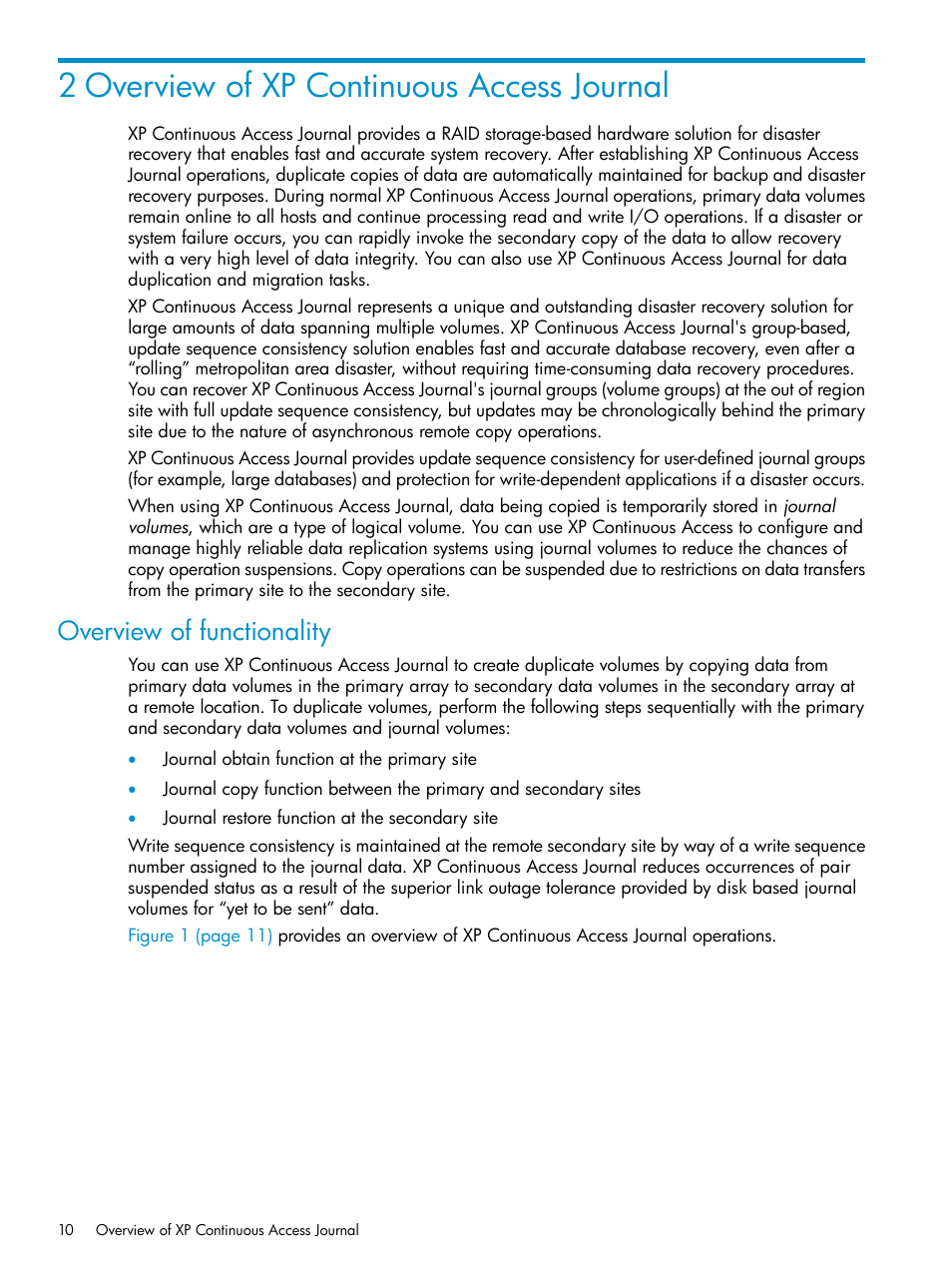 2 overview of xp continuous access journal, Overview of functionality | HP XP Continuous Access Software User Manual | Page 10 / 215